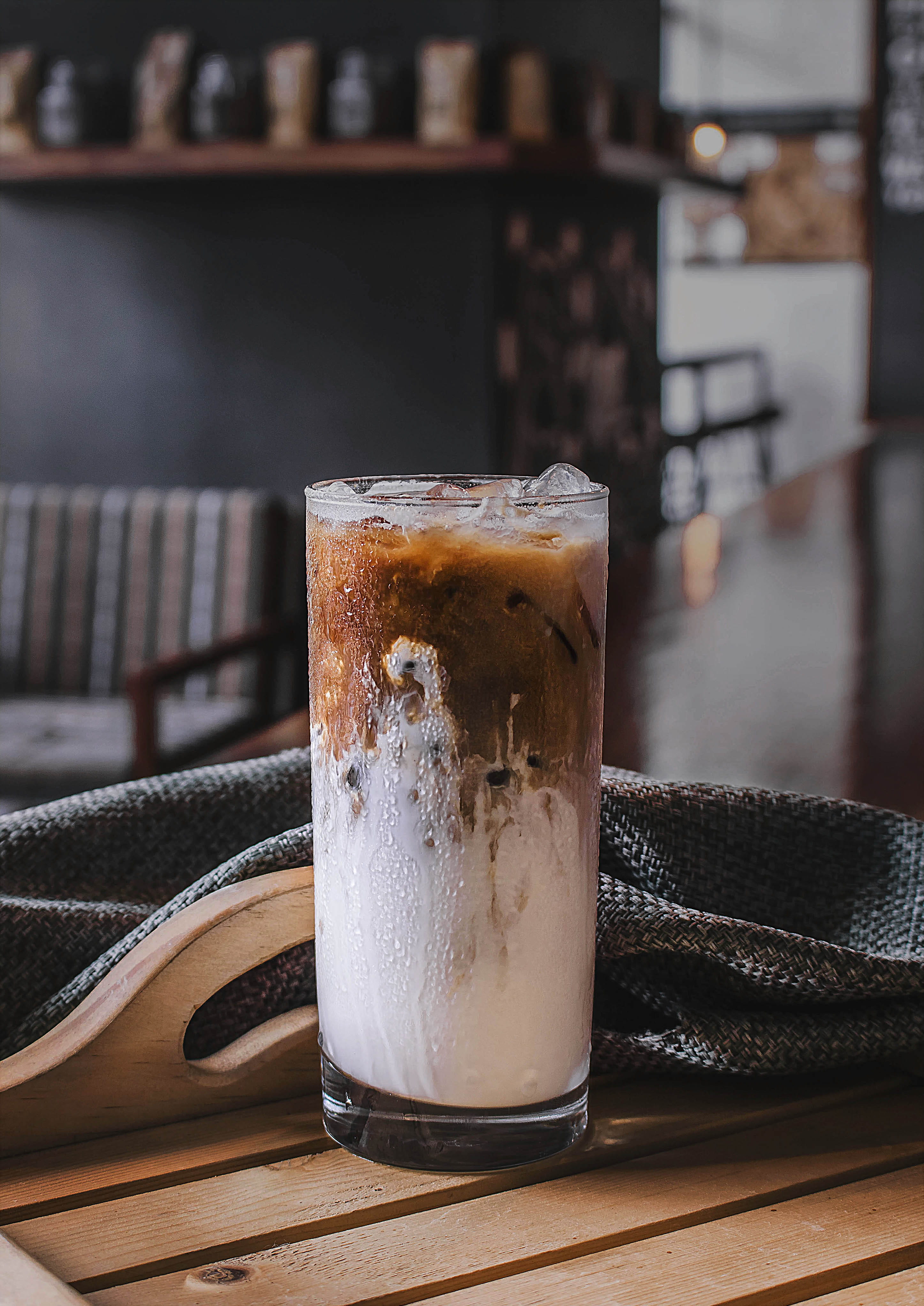 refreshment, coffee shop, iced, close-up, focus on foreground, table, highball, household equipment, wood - material, indoors, cup, coffee with milk, glass - material, Phone HD Wallpaper