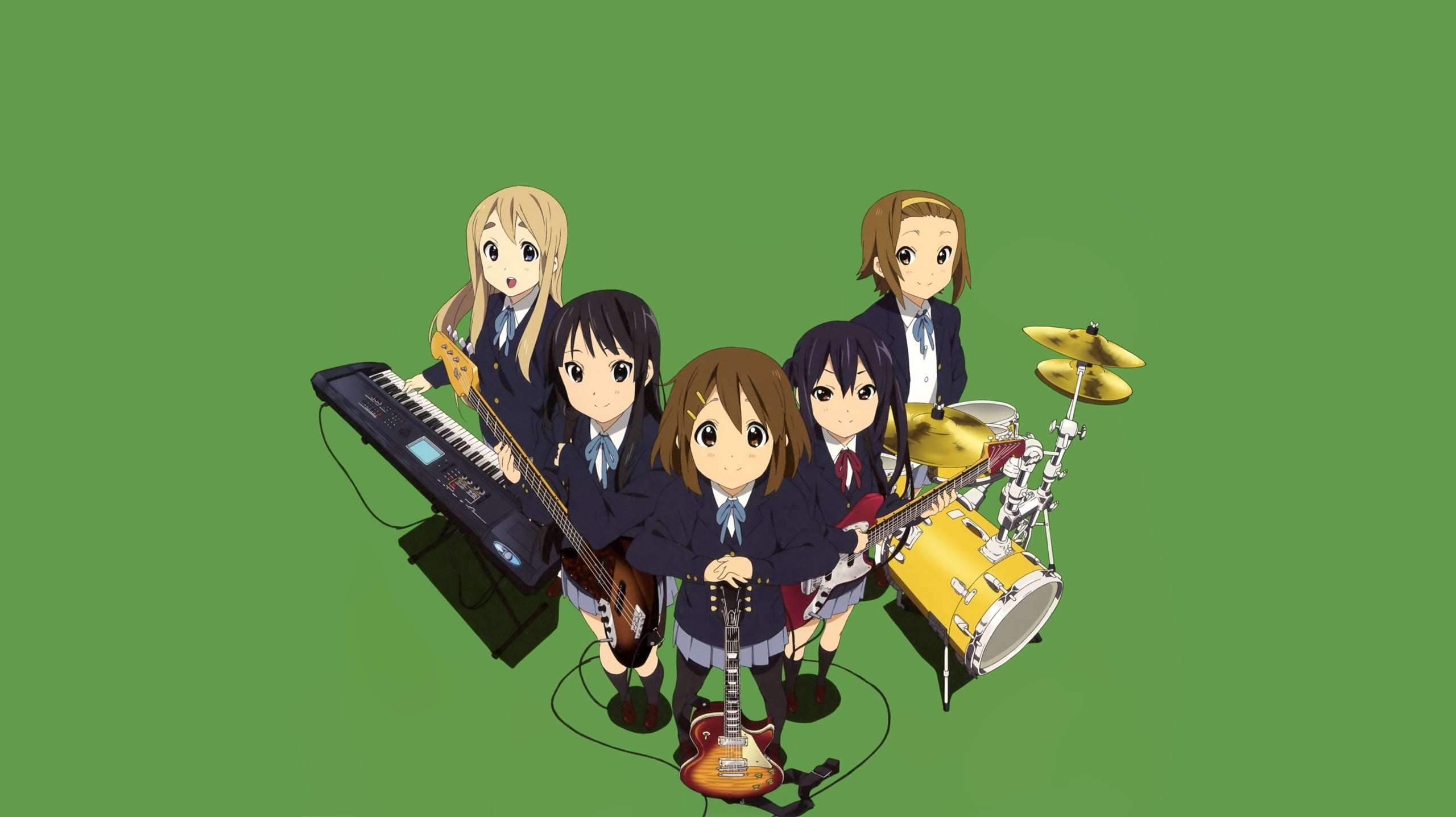 studio shot, group of people, anime girls, colored background, smiling, portrait, Nakano Azusa, looking at camera, young adult, musical instrument, 2K, HD Wallpaper