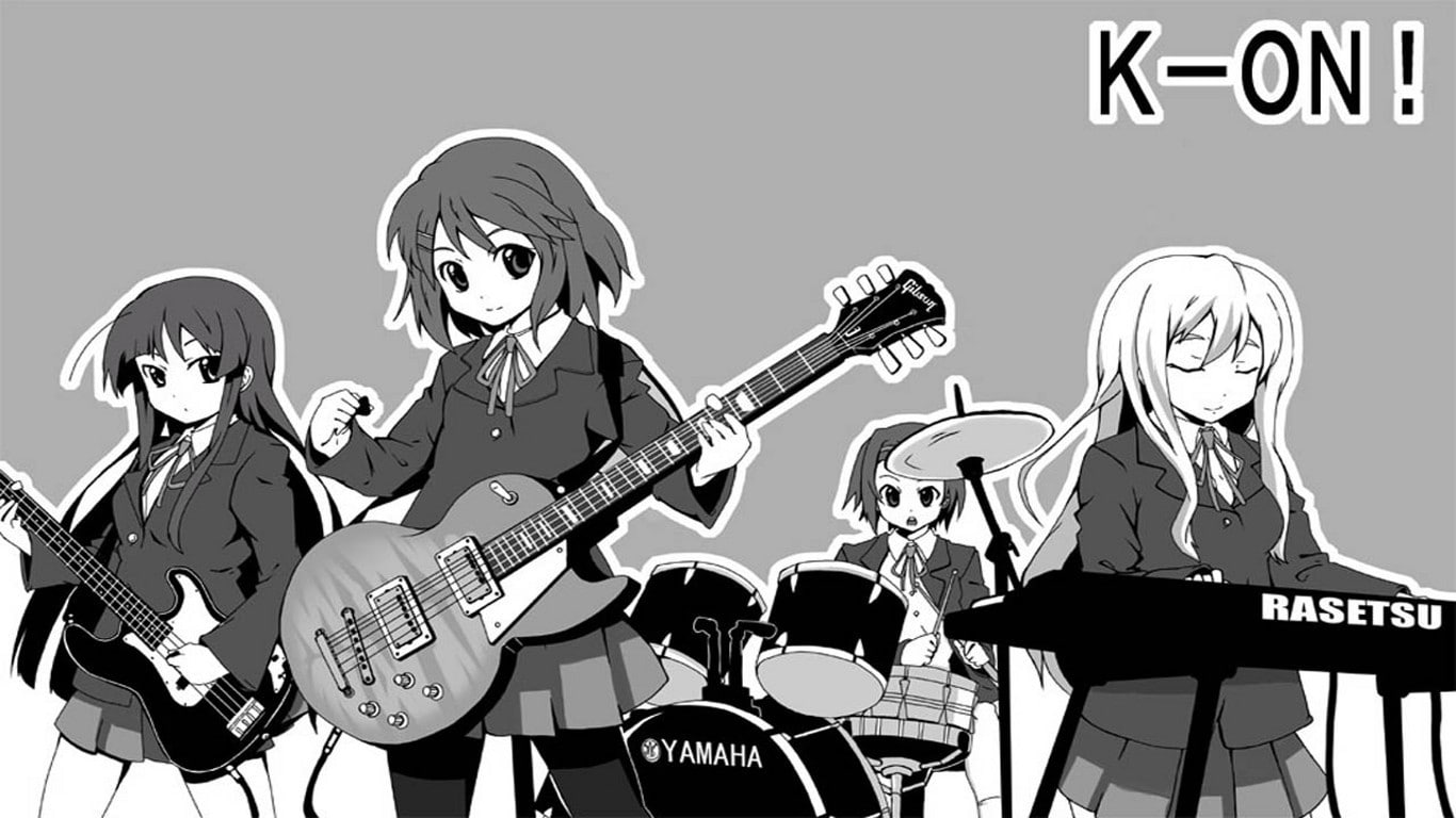 anime girls, guitar, anime, Kotobuki Tsumugi, music, 720P, Tainaka Ritsu, K-ON!, monochrome, Hirasawa Yui, Akiyama Mio, HD Wallpaper