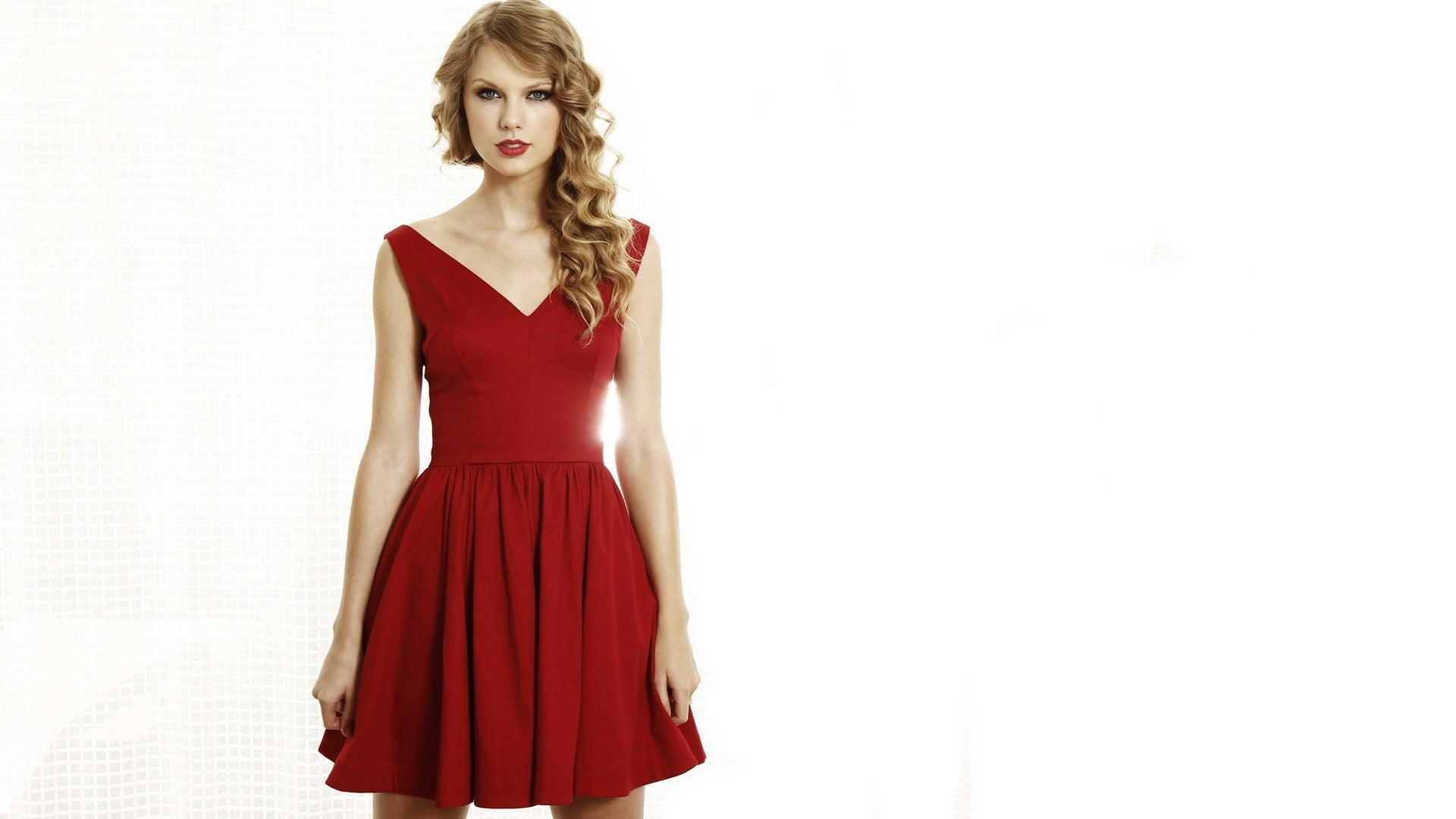 simple background, Taylor Swift, studio shot, young adult, red dress, hairstyle, teenager, blonde, women, singer, fashion, looking at camera, portrait, HD Wallpaper
