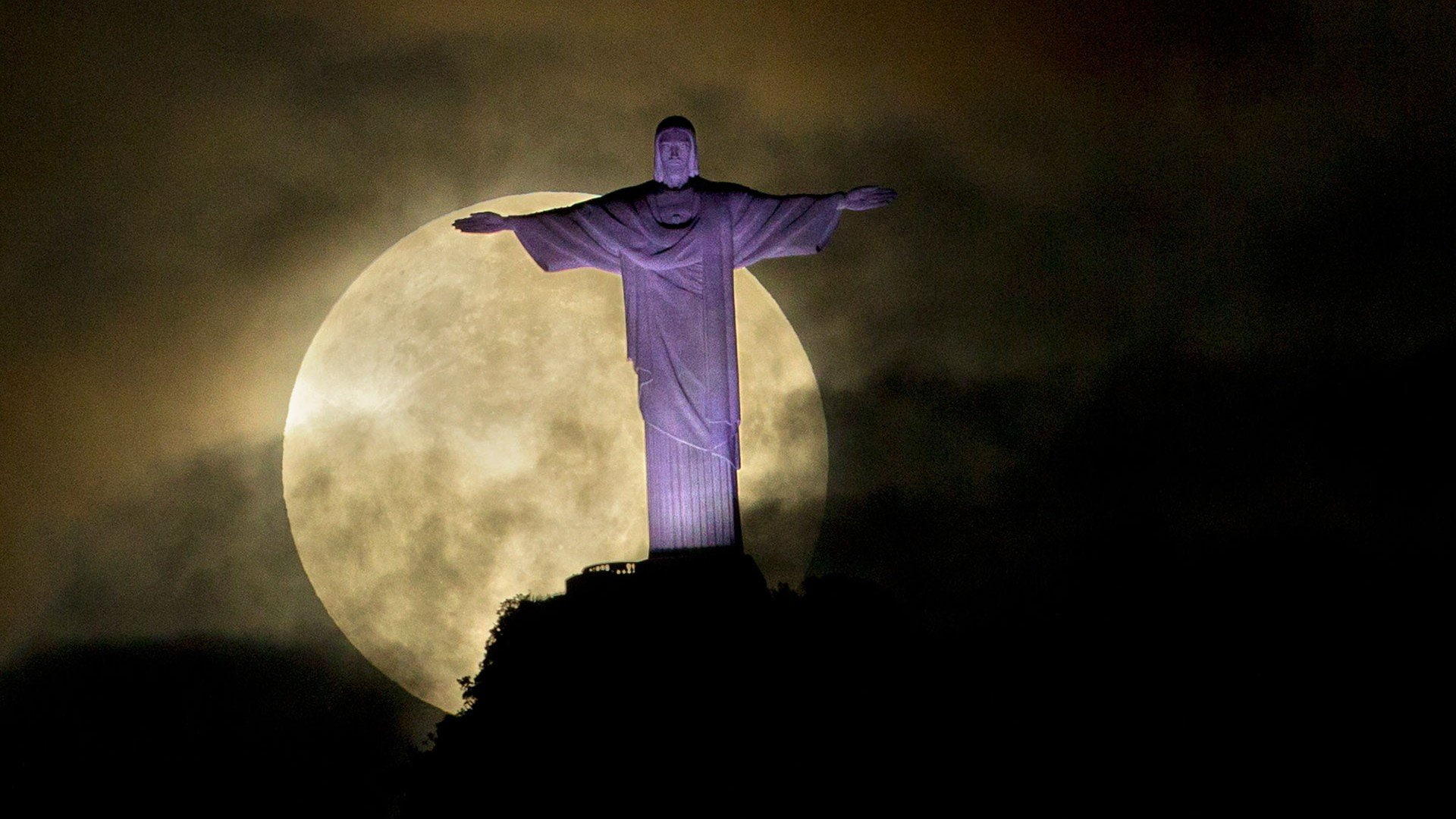 1920x1080, night, statue, purple, moon, arm, corcovado, redeemer, brazil, christ, 1080P, HD Wallpaper