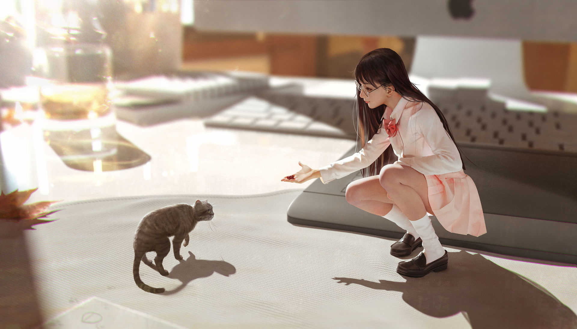 cat, shirt, animals, squatting, socks, skirt, women, cup, sneakers, long hair, glasses, shadow, Rui Li, keyboards, 1080P, macro, HD Wallpaper