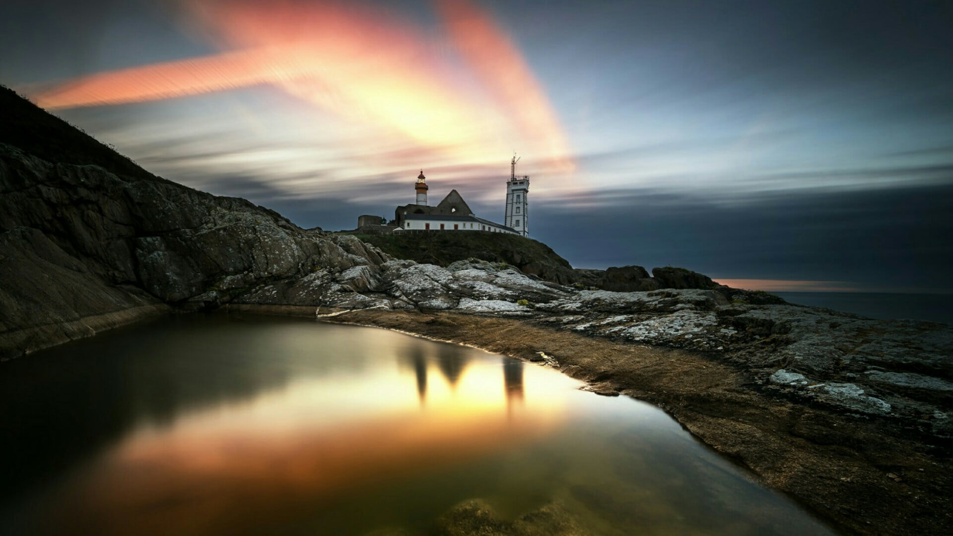 plougonvelin, tranquility, cloud - sky, water, rock, reflection, morning, sea, cloud, tower, saint-mathieu lighthouse, coast, lighthouse, solid, europe, HD Wallpaper