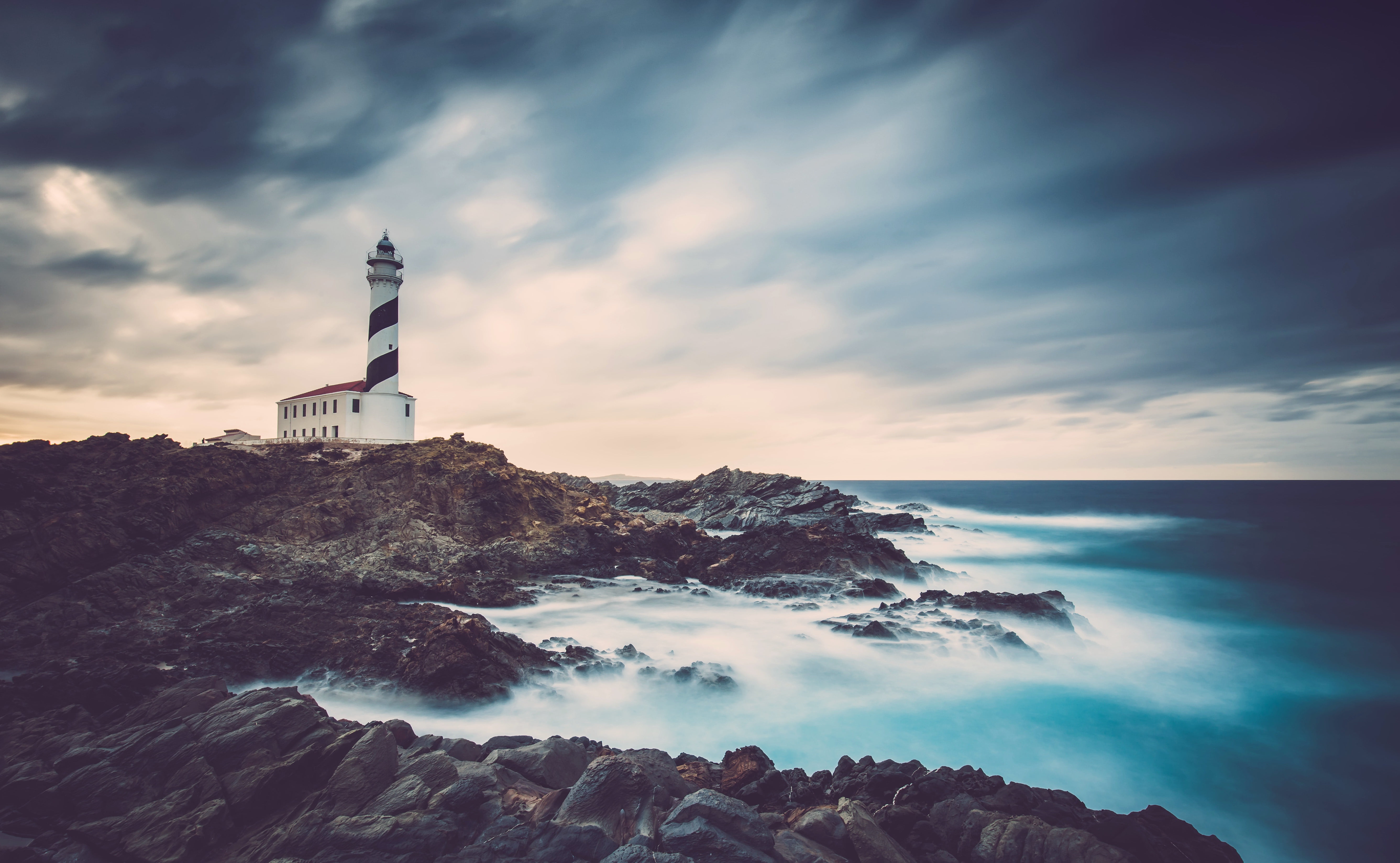 outdoors, motion, sea, no people, horizon, lighthouse, black, rock, coast, 5K, tower, cloud - sky, scenics - nature, rock - object, building exterior, HD Wallpaper