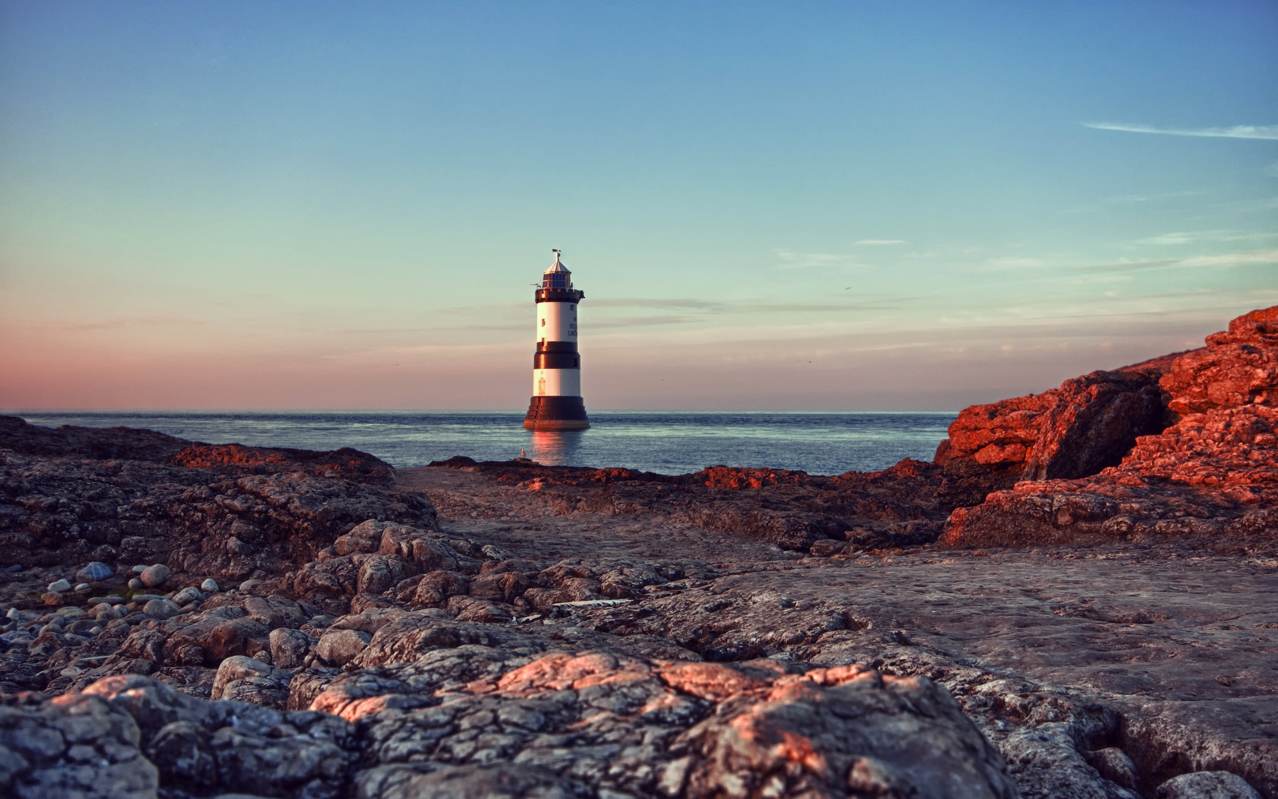 horizon over water, tower, lighthouse, rock, water, building exterior, horizon, building, sky, nature, black, security, solid, 2K, no people, built structure, HD Wallpaper