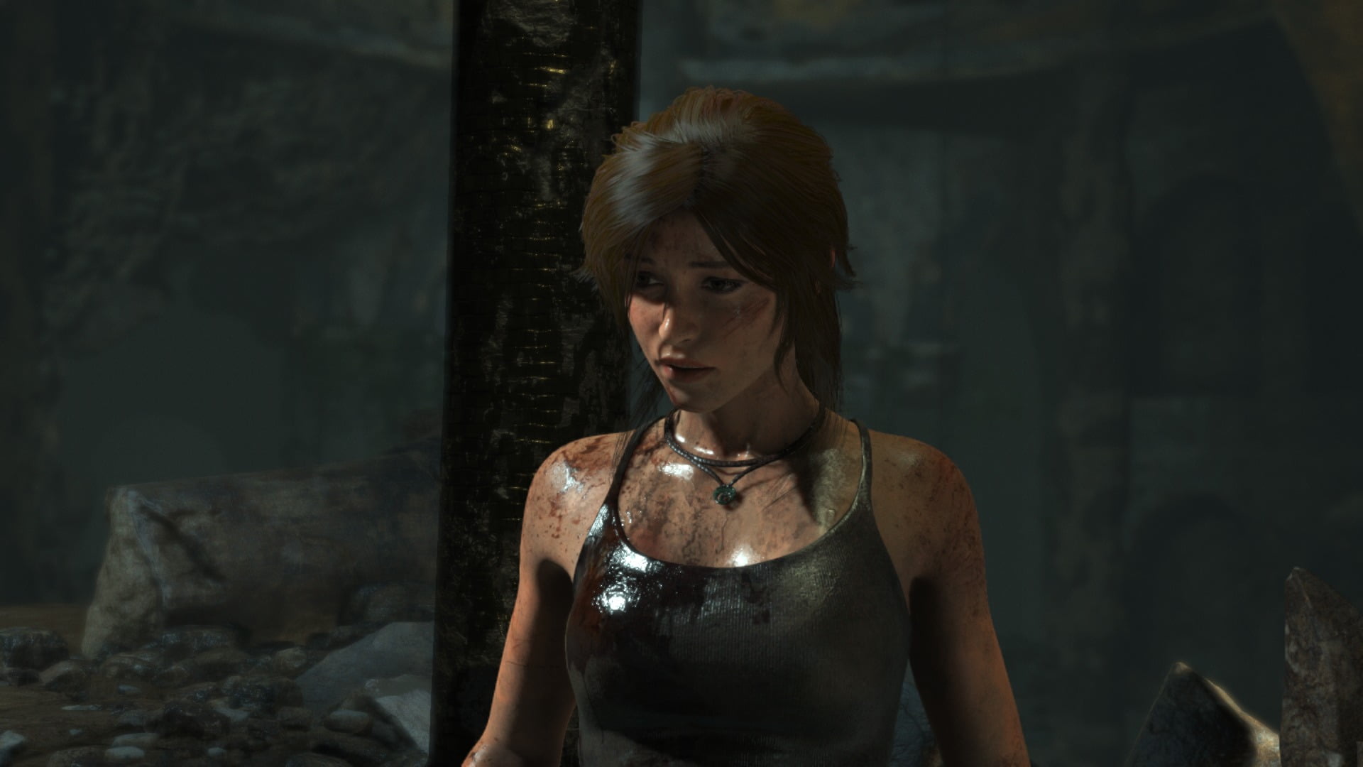 beautiful woman, real people, hairstyle, gray, crew, looking away, focus on foreground, looking, men, contemplation, young women, Tomb Raider, 1080P, casual clothing, HD Wallpaper