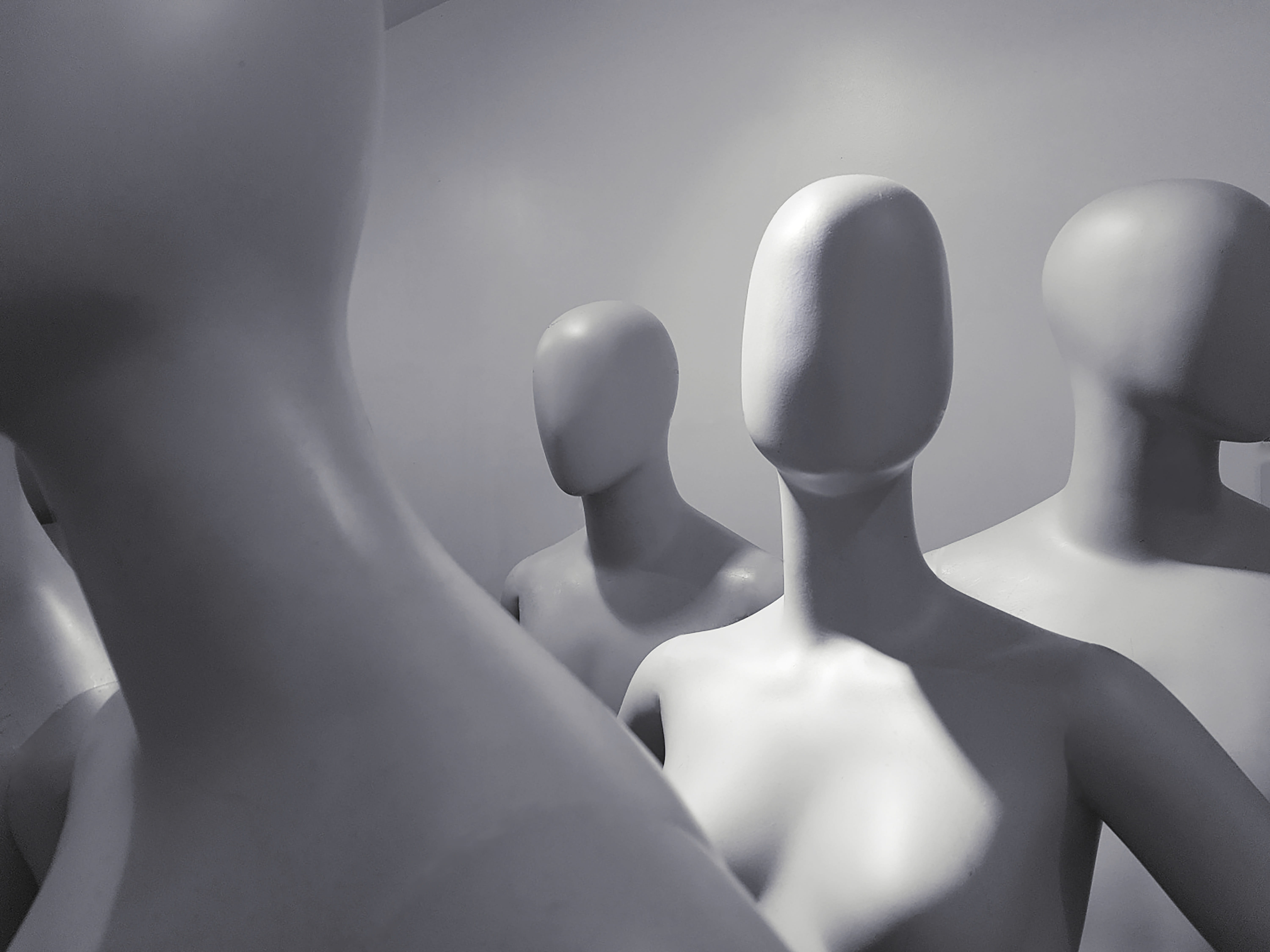adult, arts culture and entertainment, midsection, low angle view, photo, human body part, indoors, stage, alone, gray background, gray, inside, mannequins, HD Wallpaper