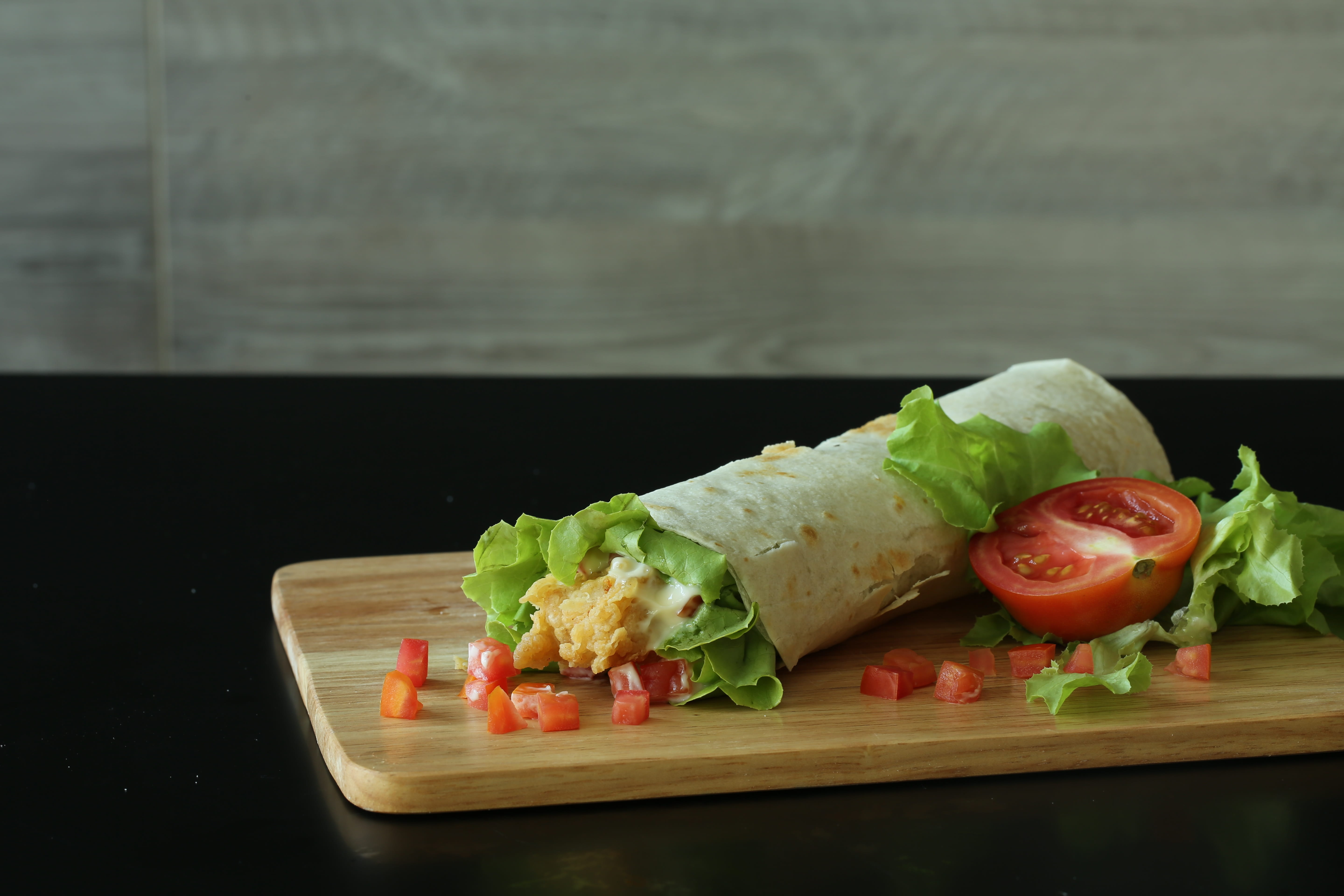 board, Burger, fruit, ready-to-eat, Wrap, Chicken, tray, food and drink, wellbeing, table, serving size, lettuce, chopping, chopped, vegetarian food, no people, HD Wallpaper