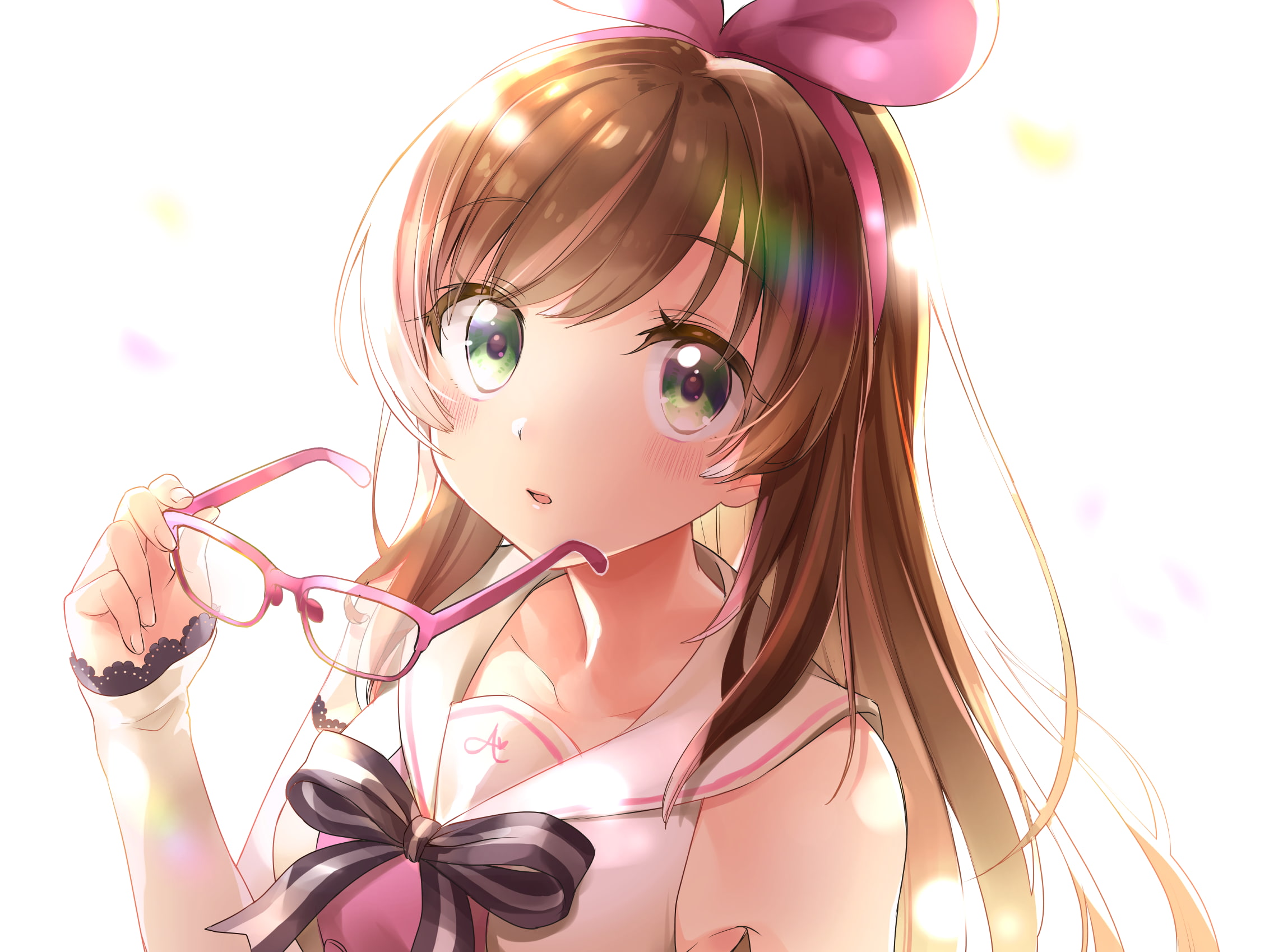 females, young women, kizuna ai, adult, 1080P, close-up, women, pink color, Anime, teenager, one person, studio shot, hairstyle, indoors, headshot, glasses, HD Wallpaper