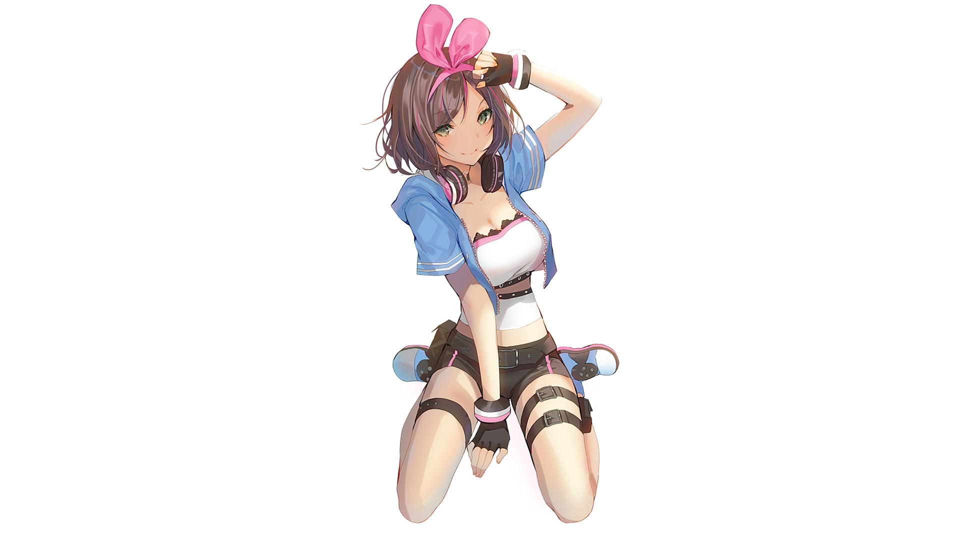 1080P, white background, young women, AI Channel, Kizuna AI, studio shot, casual clothing, sport, copy space, hat, one person, hairstyle, indoors, females, HD Wallpaper