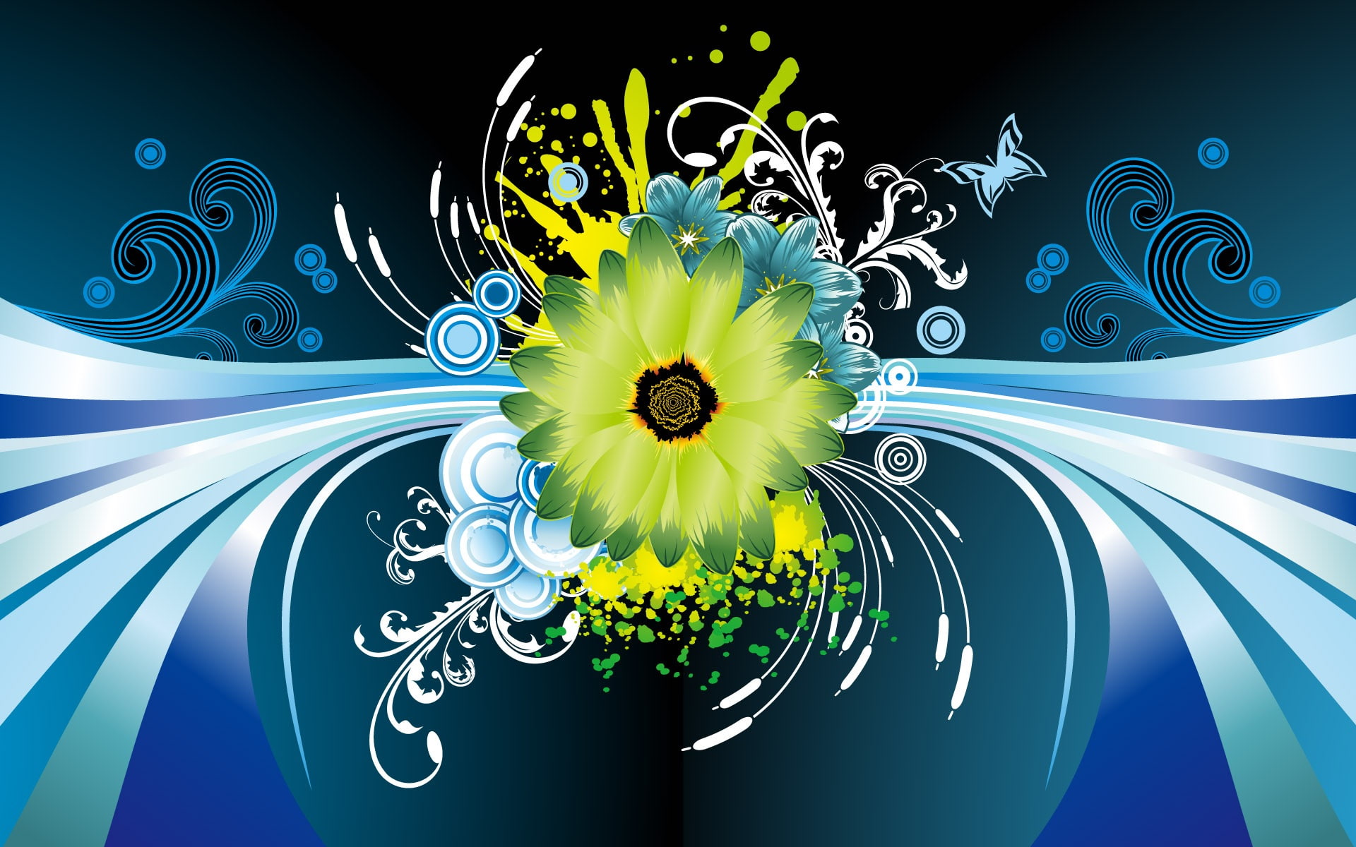 Flower, Green, Vector, 1080P, flowers, blue, graphics, white, HD Wallpaper