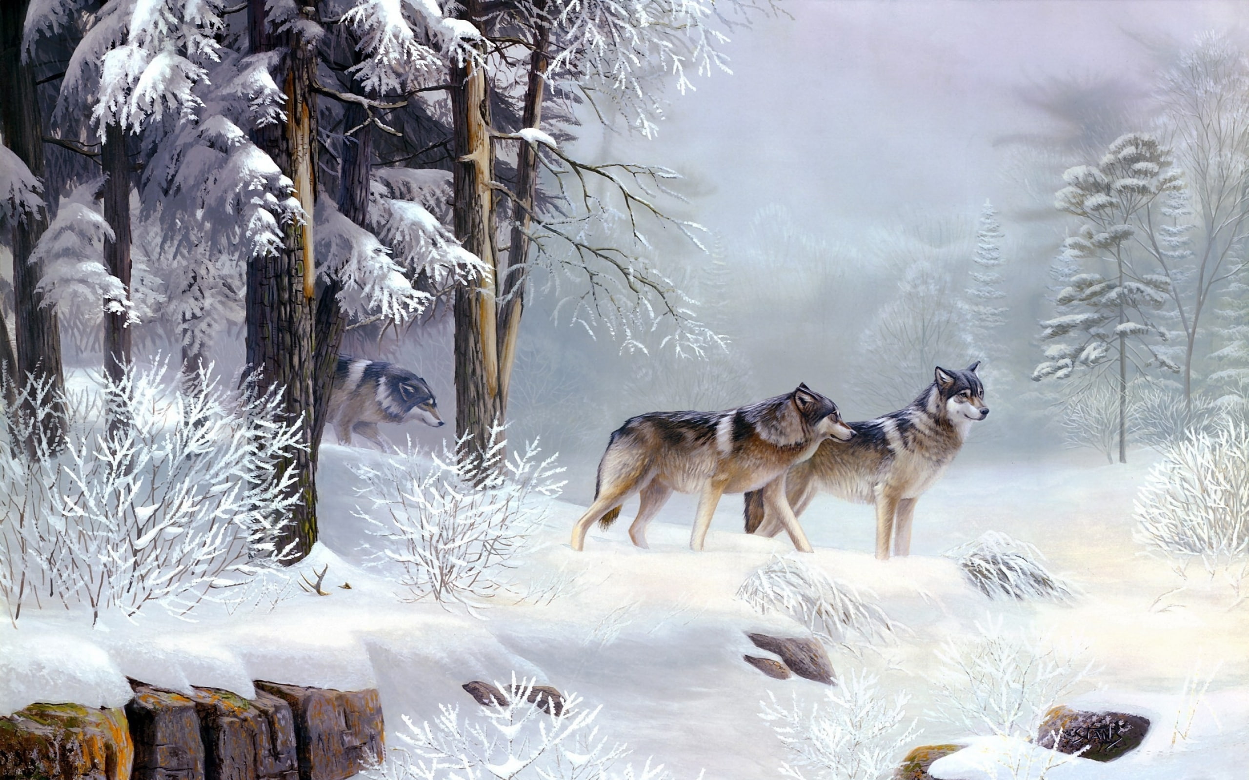 landscape, snow, wolf, 2K, winter, pine trees, HD Wallpaper