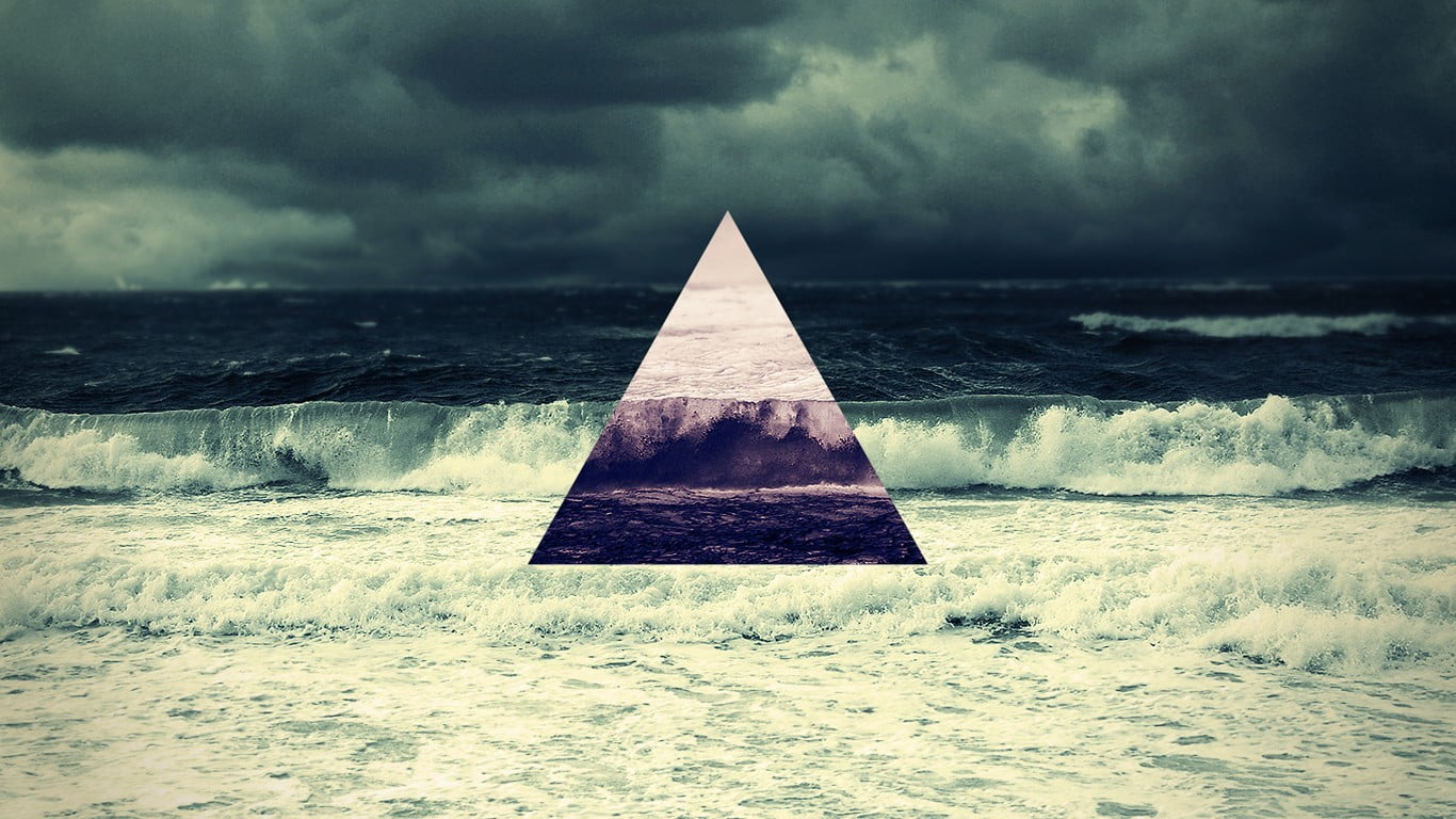 the past, no people, architecture, water, digital composite, sky, history, poster, waves, triangle, 720P, sea, wave, ocean, triangle shape, storm cloud, HD Wallpaper