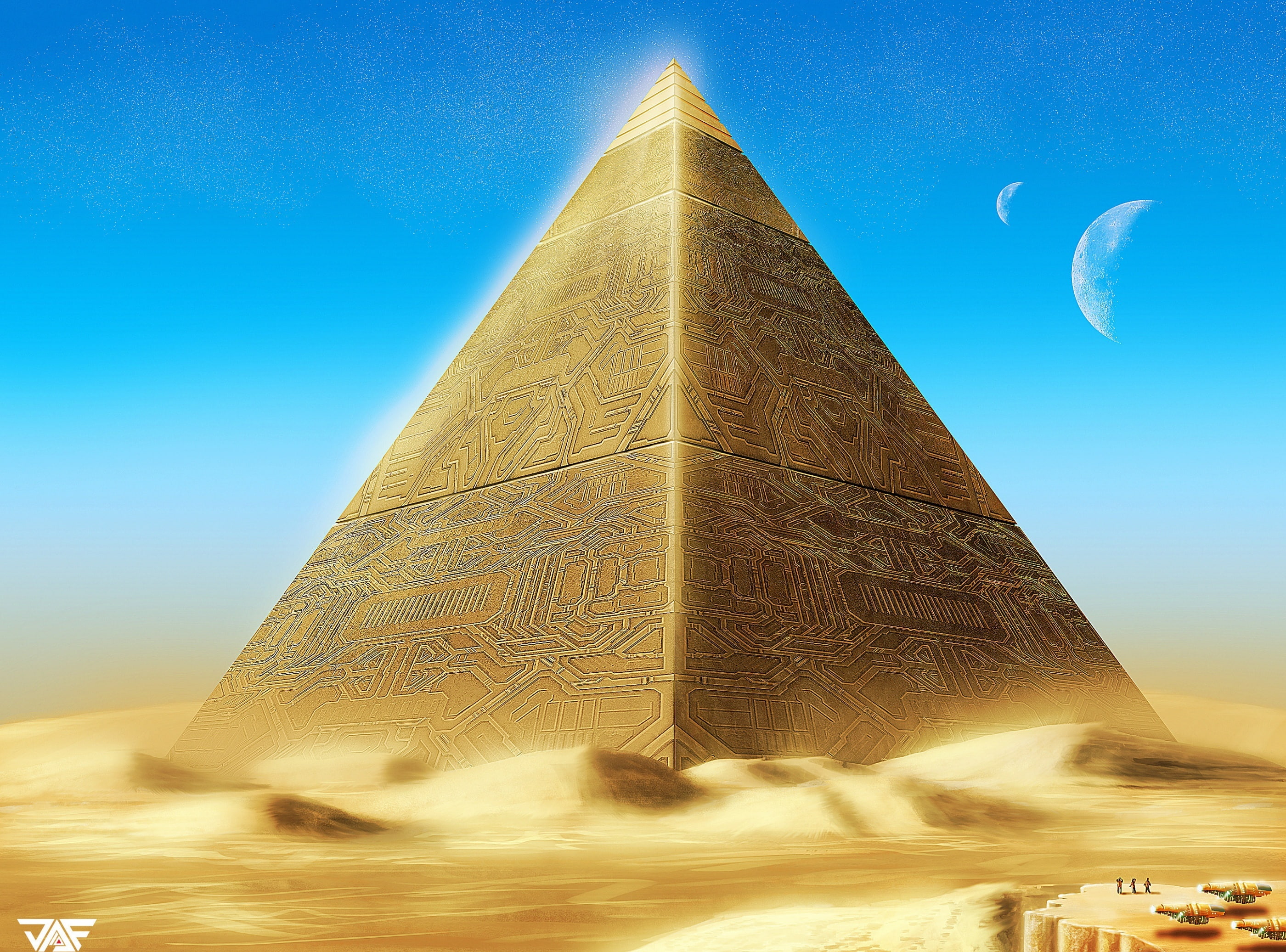 tourism, travel destinations, built structure, the past, Gold, travel, Fantasy, illustration, pyramid, low angle view, digital composite, clear sky, history, HD Wallpaper
