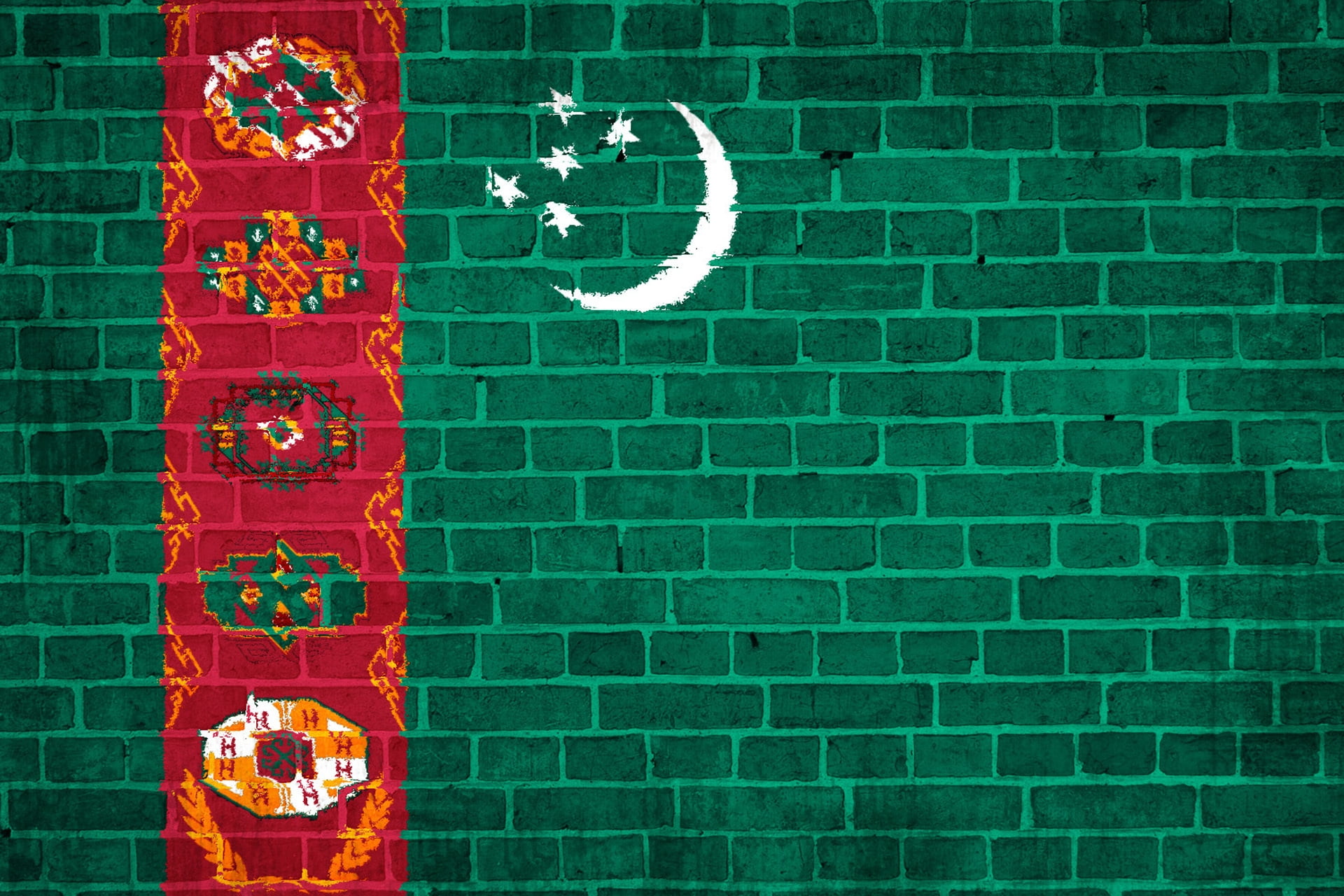 pattern, outdoors, representation, brick Wall, 1080P, patriotism, communication, day, moon, green color, sign, western script, turkmenistan, graffiti, HD Wallpaper