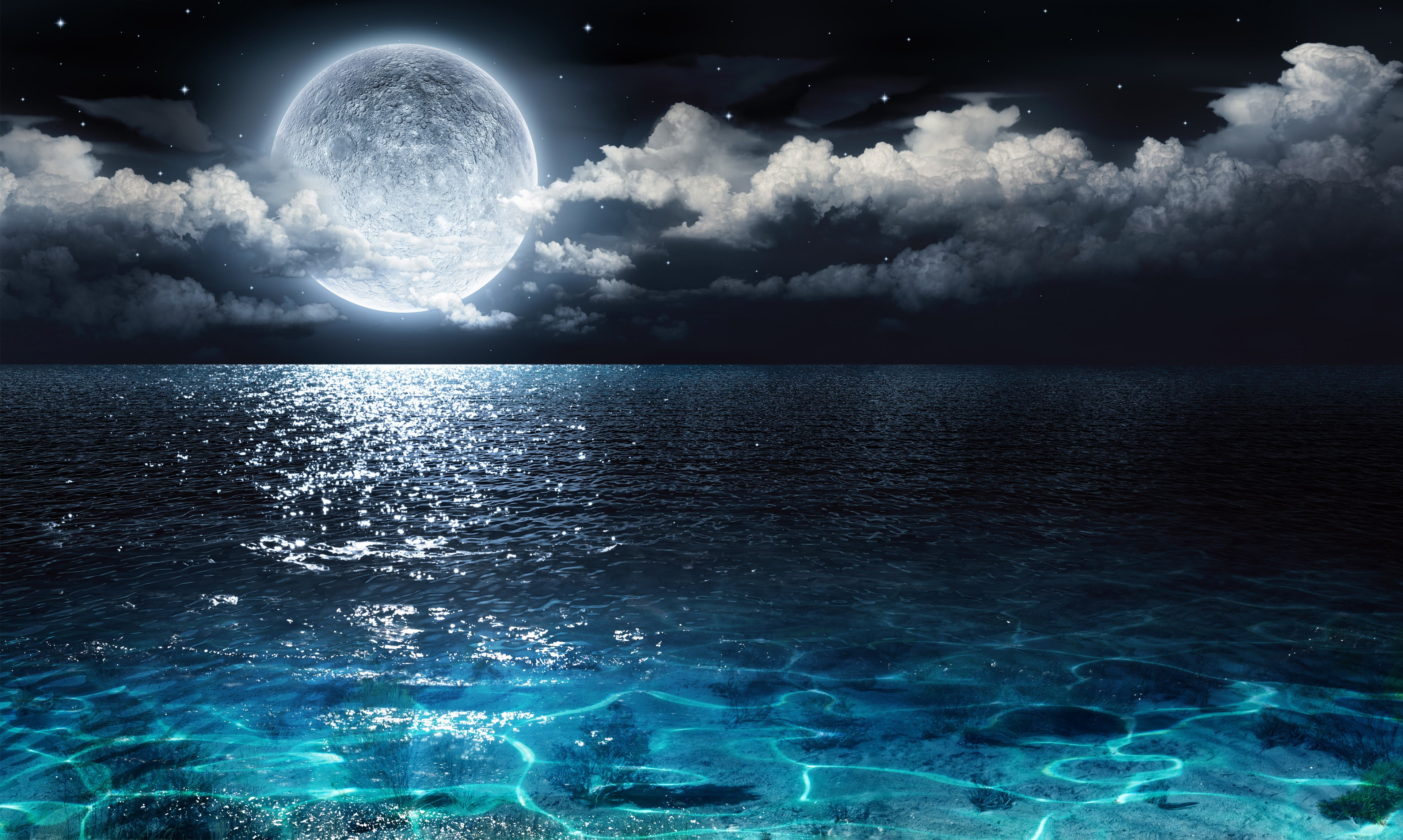 horizon over water, night, digital composite, beauty in nature, nature, tranquility, sky, no people, tranquil scene, Moon, body, scenics - nature, remote, HD Wallpaper