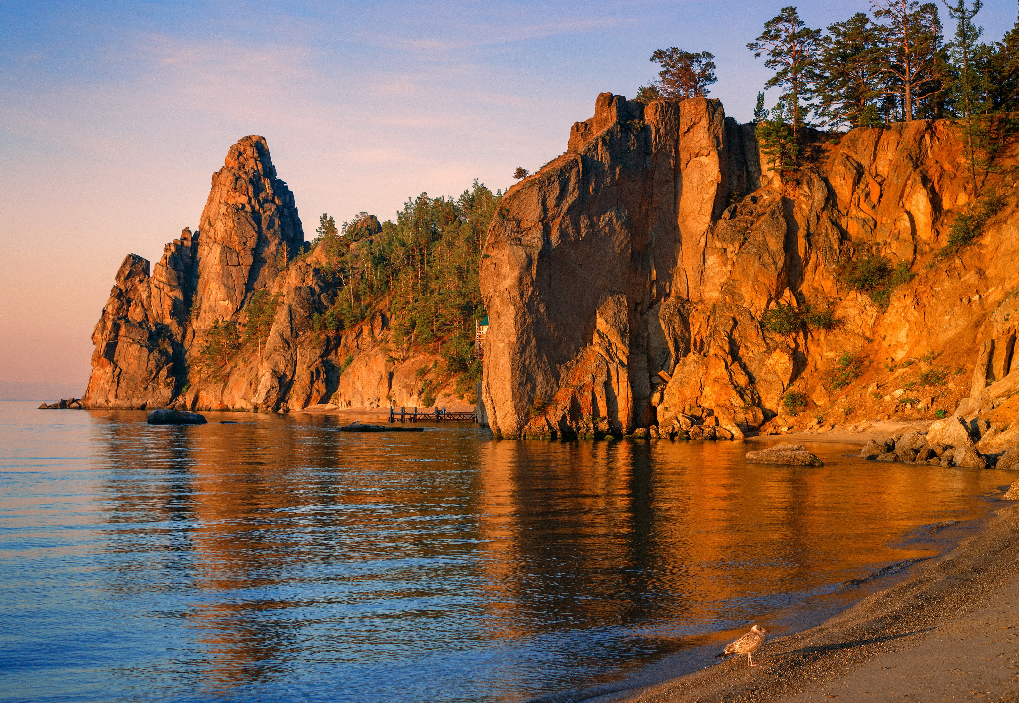 Bird, Baikal, Sunset, rocks, beach, Russia, Lake Baikal, 4K, pier, lake, trees, HD Wallpaper