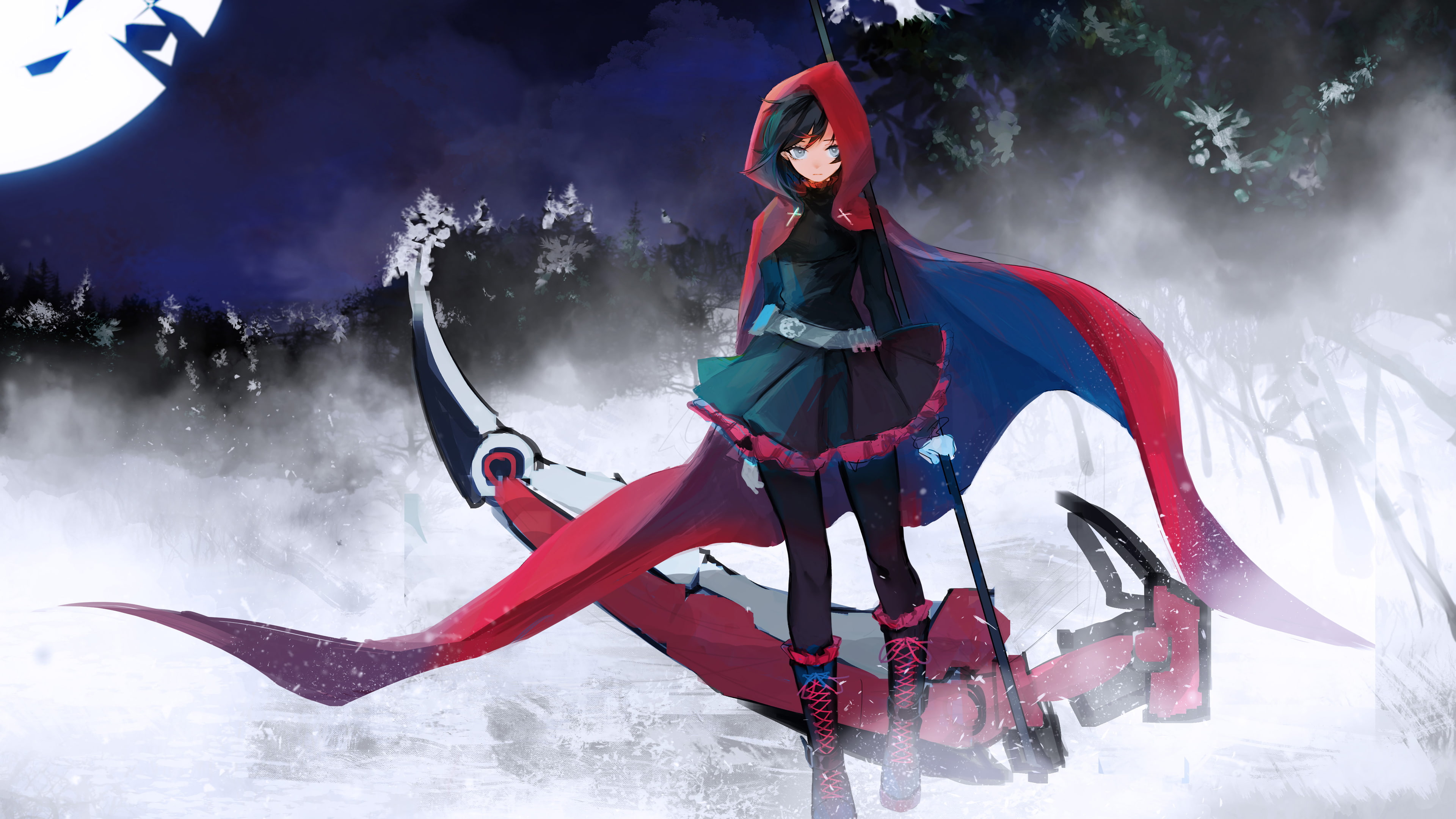 standing, anime girls, looking at viewer, artwork, ruby rose, mist, Moon, forest, anime, Crescent Rose, fantasy weapon, RWBY, 4K, Red Hood, HD Wallpaper