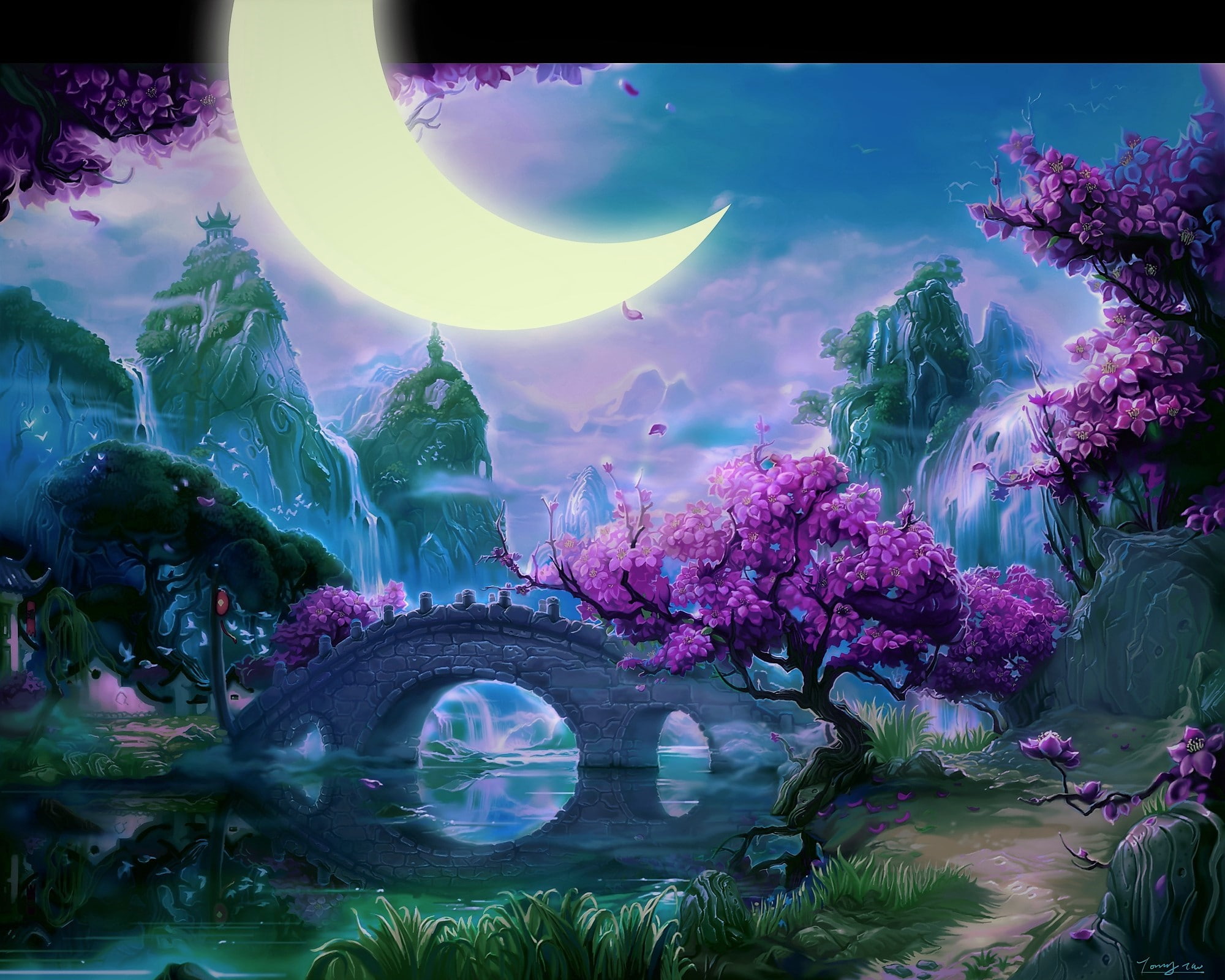 moon, landscape, fantasy, mountain, tree, 1080P, crescent, artistic, waterfall, bridge, flower, asian, river, HD Wallpaper