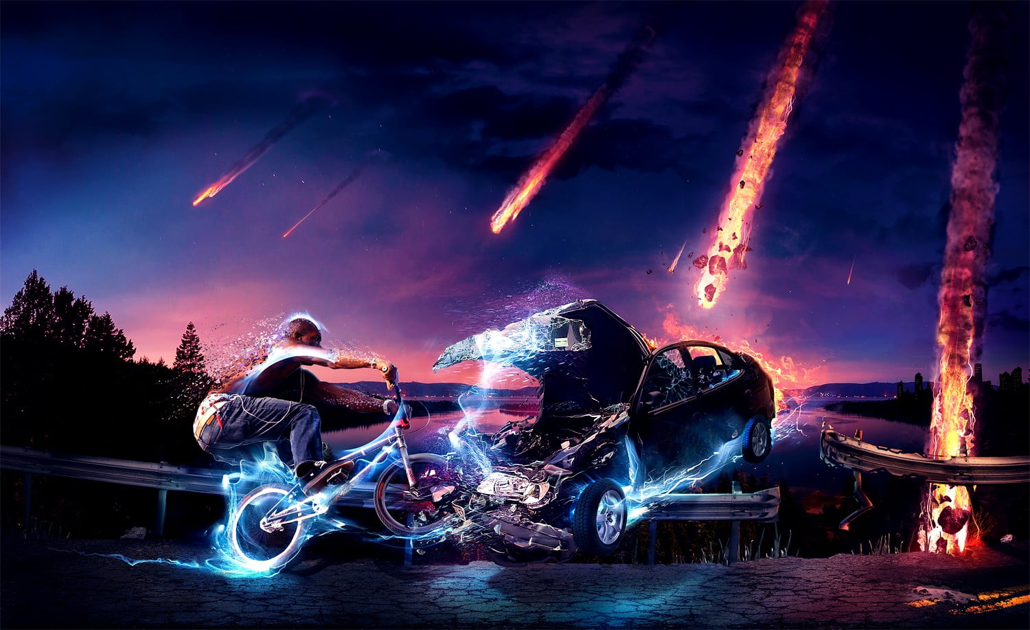 transportation, meteors, motorcycle, bike, one person, photo, nautical vessel, cloud - sky, full length, sky, digital composite, crash helmet, adult, mode of transportation, HD Wallpaper