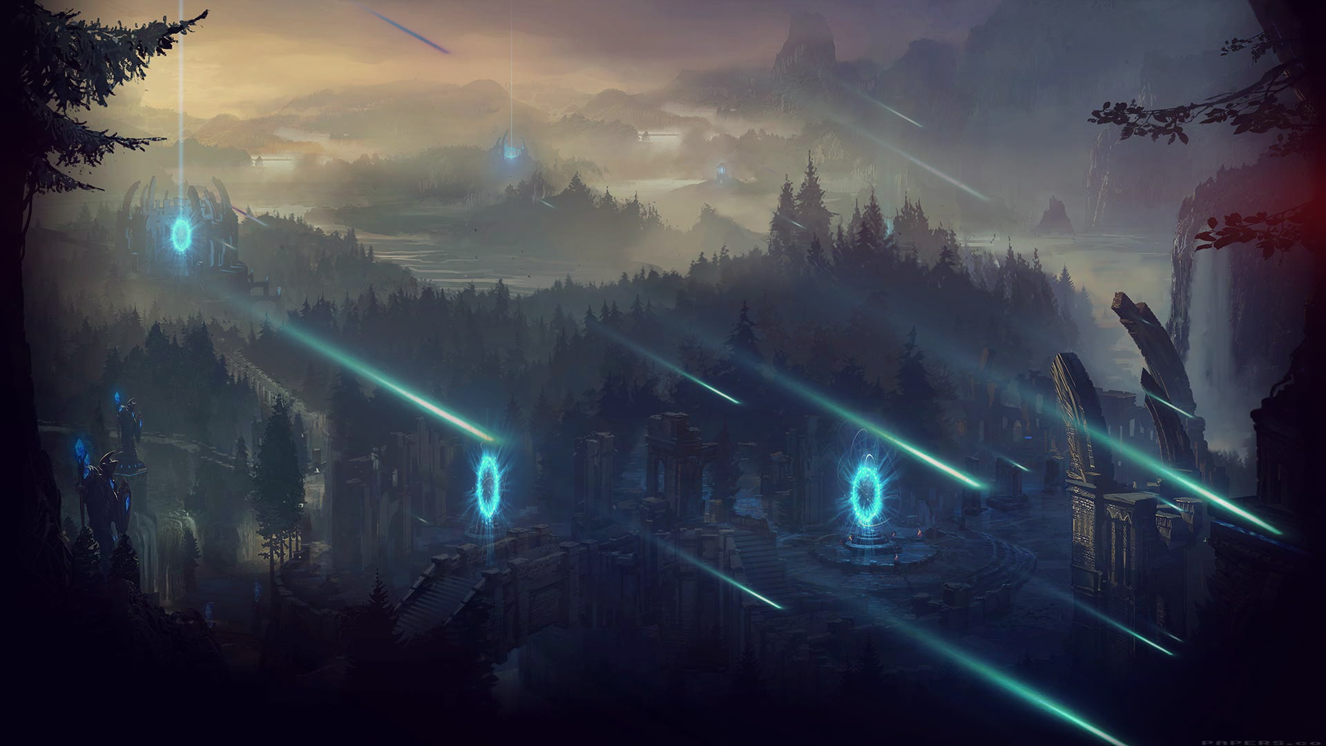 meteors, scenics - nature, no people, built structure, fog, building, 1080P, cloud - sky, tree, nature, architecture, Summoners Rift, sky, digital composite, HD Wallpaper