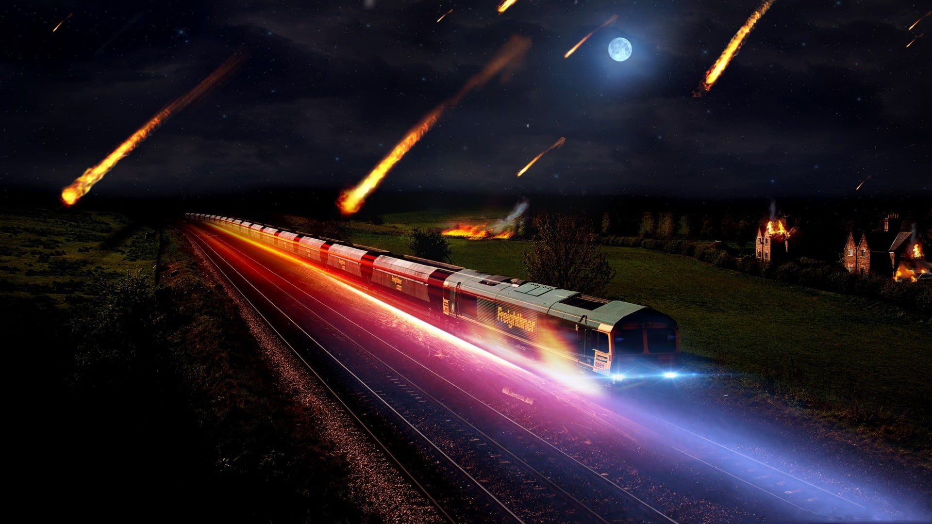 street, cloud - sky, nature, outdoors, moonlight, train, meteors, time, long exposure, motion, blurred motion, no people, railway, architecture, sky, star - space, HD Wallpaper