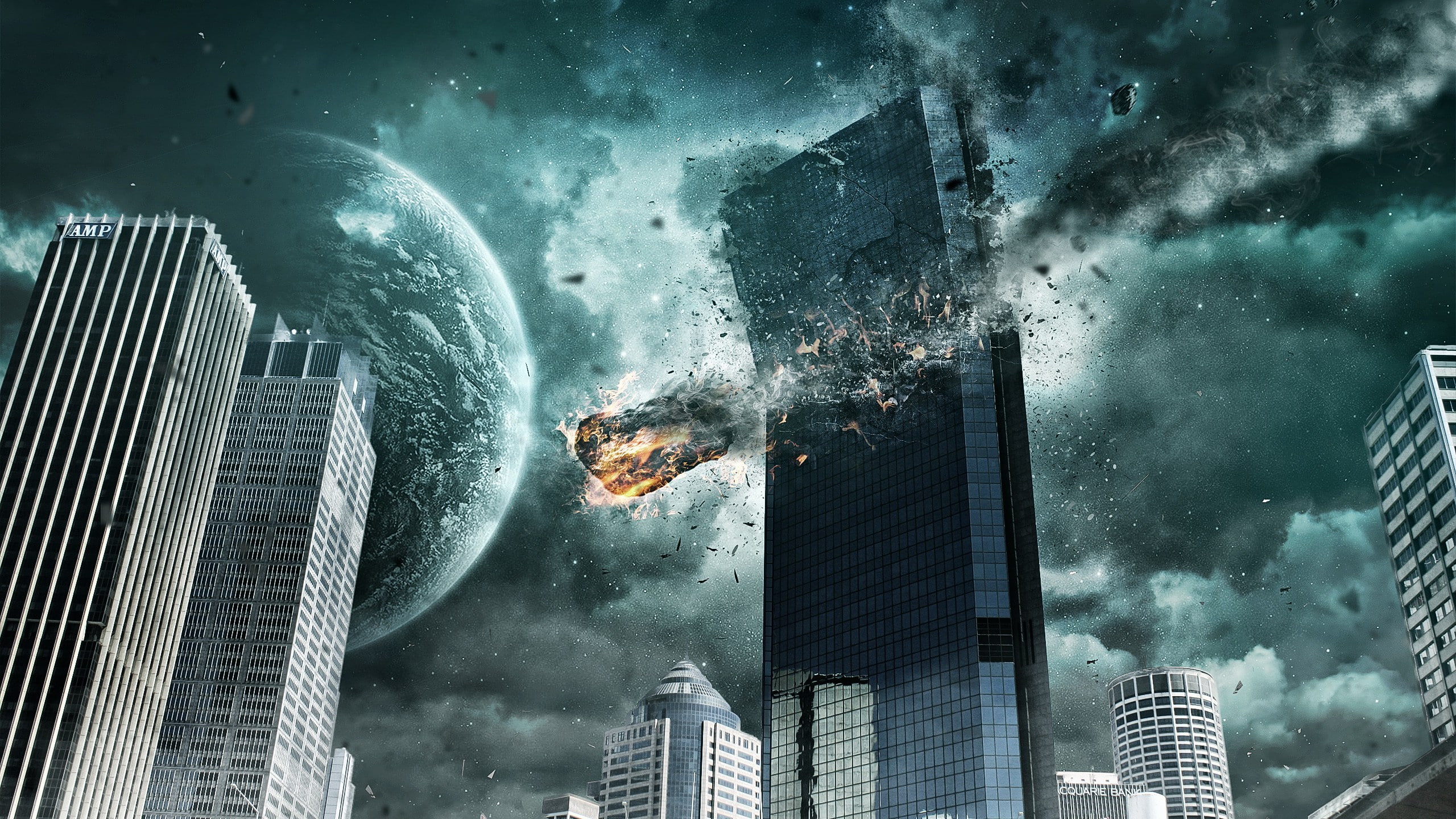 meteors, sky, planet, 2K, city, building, HD Wallpaper