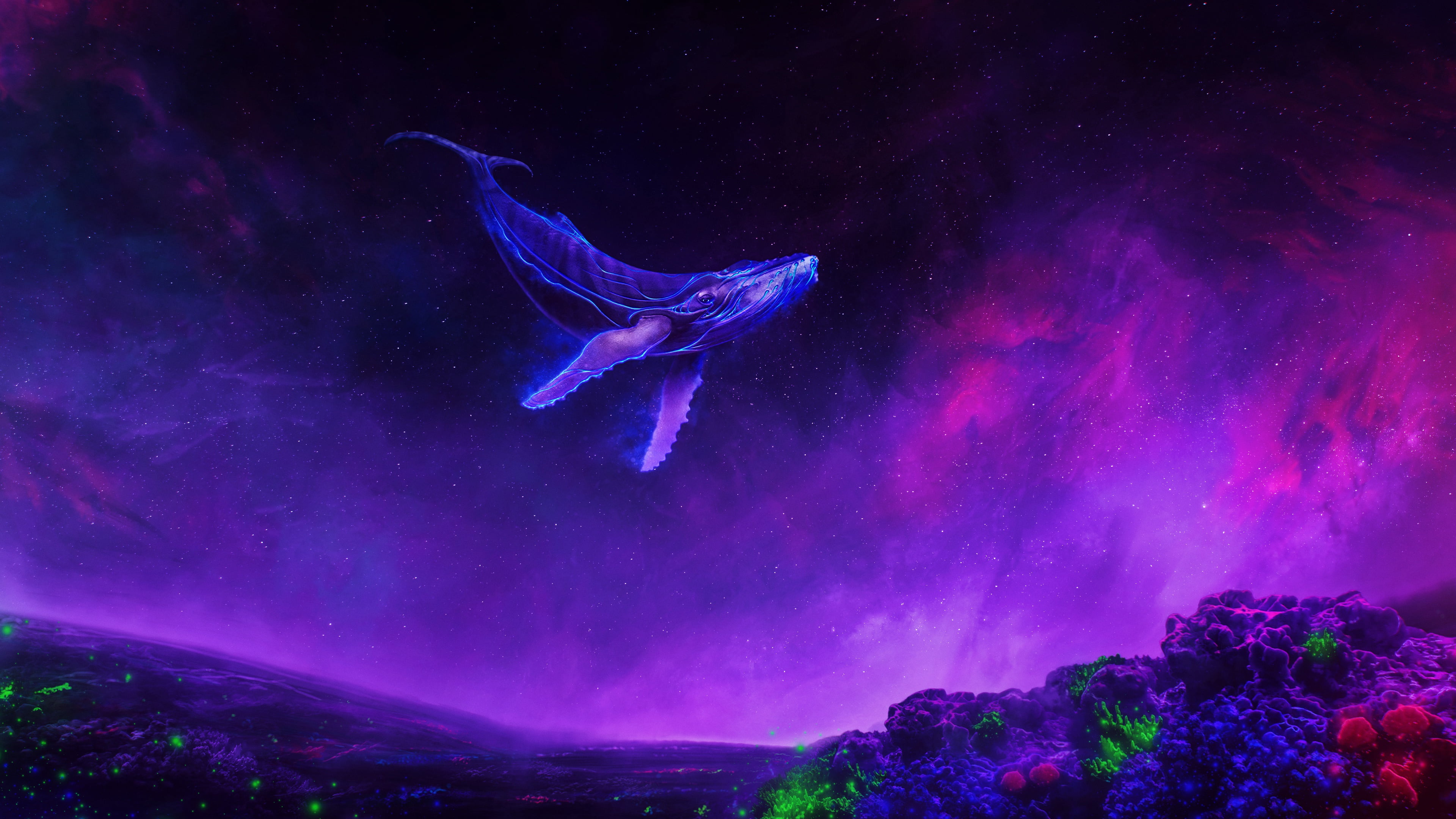 4K, Purple, Whale, Sky, Fantasy Animals, HD Wallpaper