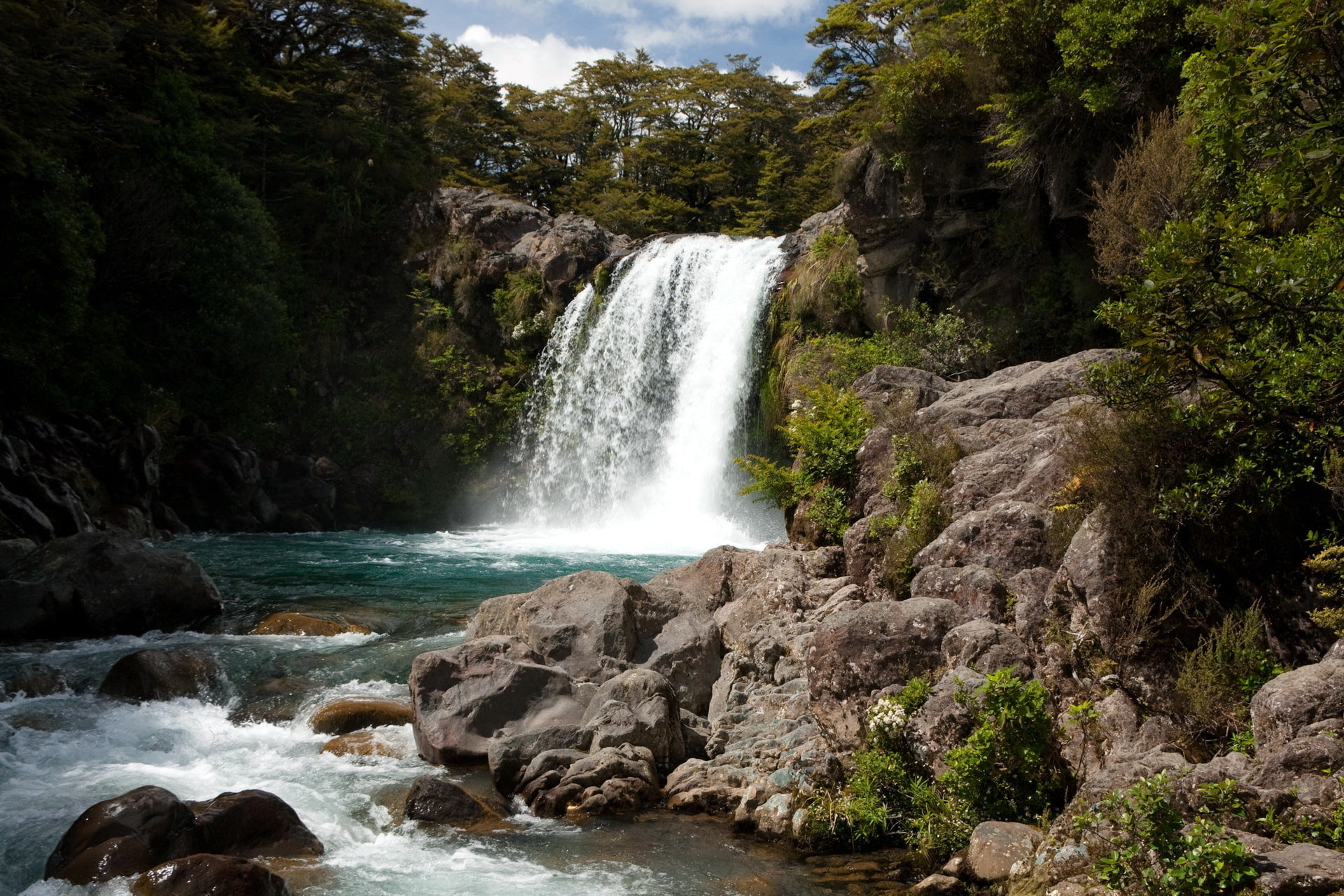 waterfalls, river, hillside, 1080P, waterfall, stones, New Zealand, rocks, forest, HD Wallpaper