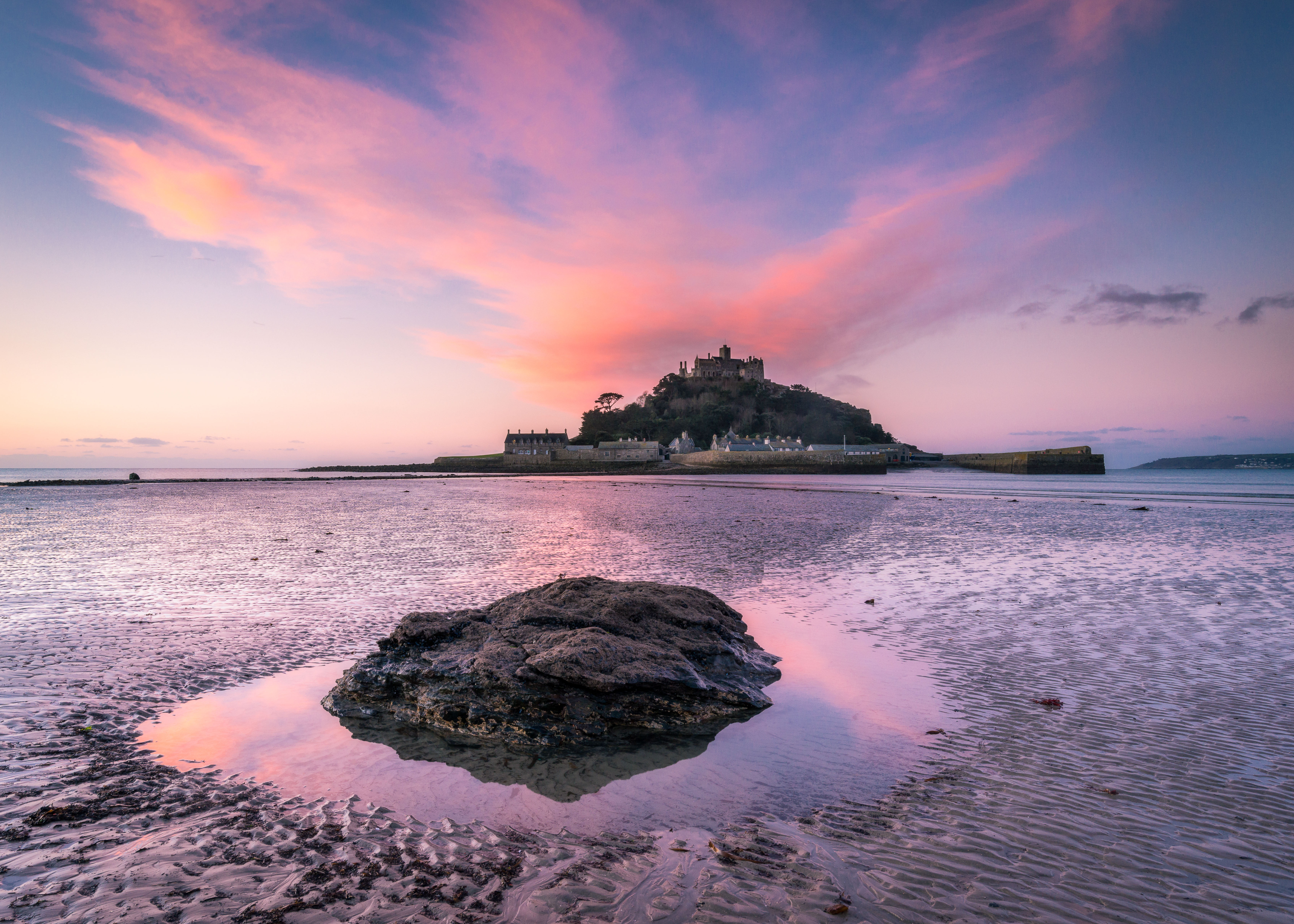 sunset, St Michaels Mount, uk, beach, Marazion, Crowning, 5K, summer, sunrise, coastline, cornwall, clouds, dusk, sea, buildings, architecture, nature, HD Wallpaper