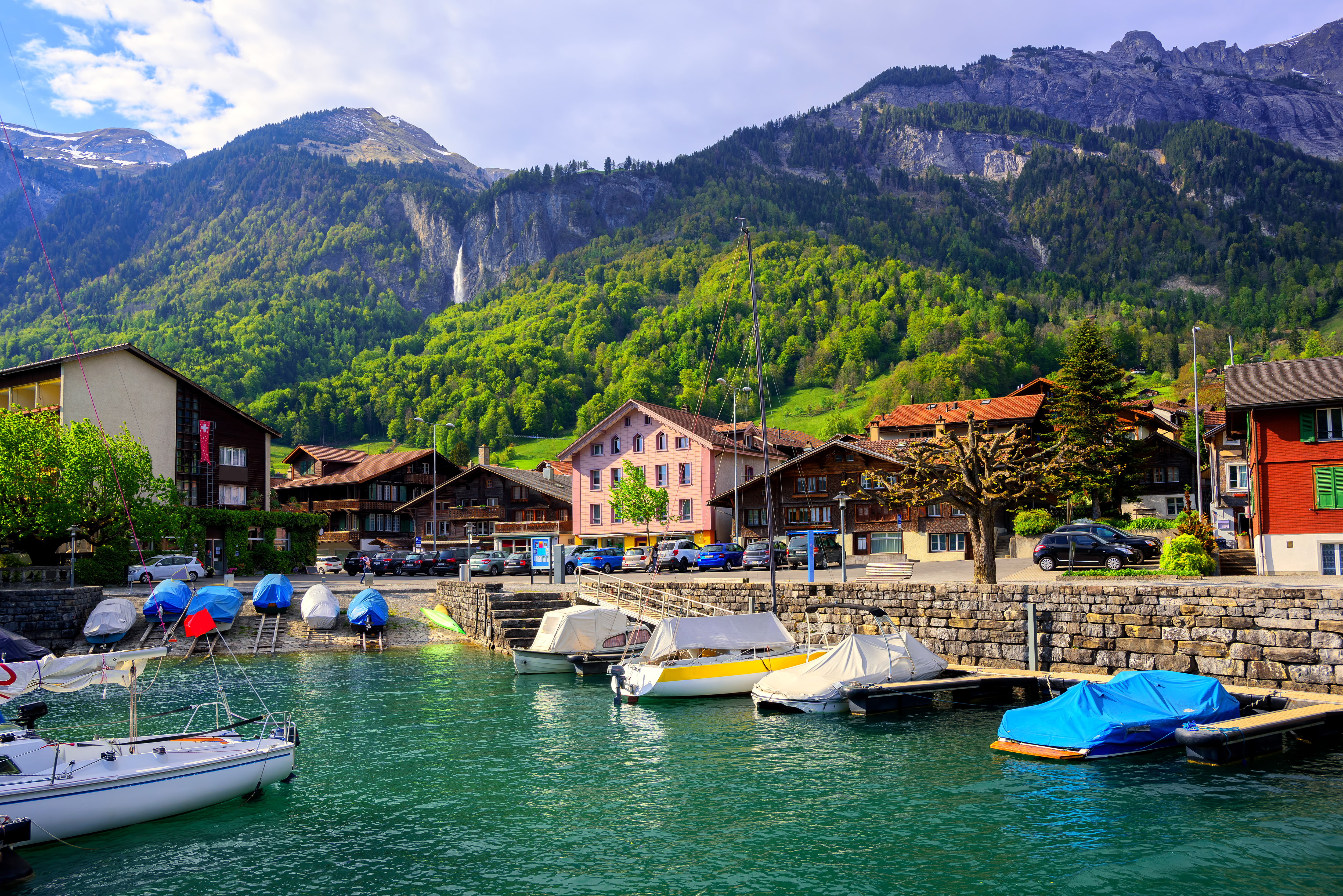 4K, Switzerland, lake, forest, mountains, shore, Lake Interlaken, home, boats, HD Wallpaper