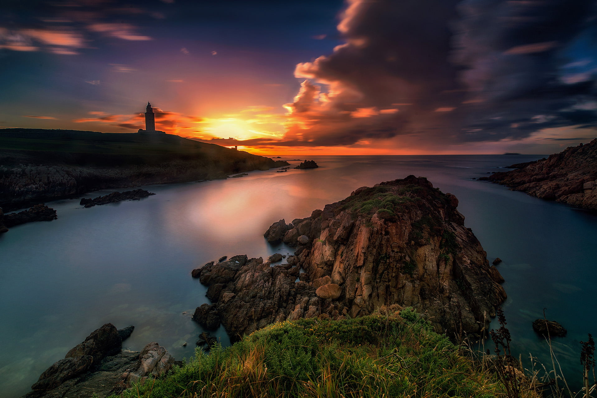 sunrise, colors, nature, body, body of water, sunset, water, brown, 720P, photography, fotografia, brown stone, mountain, tower, church, torre de hercules, HD Wallpaper