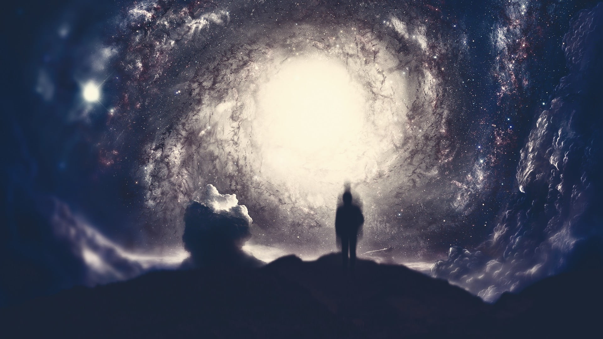 lifestyles, nature, space, outdoors, science fiction, rear view, men, universe, sky, illuminated, clouds, togetherness, silhouette, 1080P, galaxy, beauty in nature, HD Wallpaper