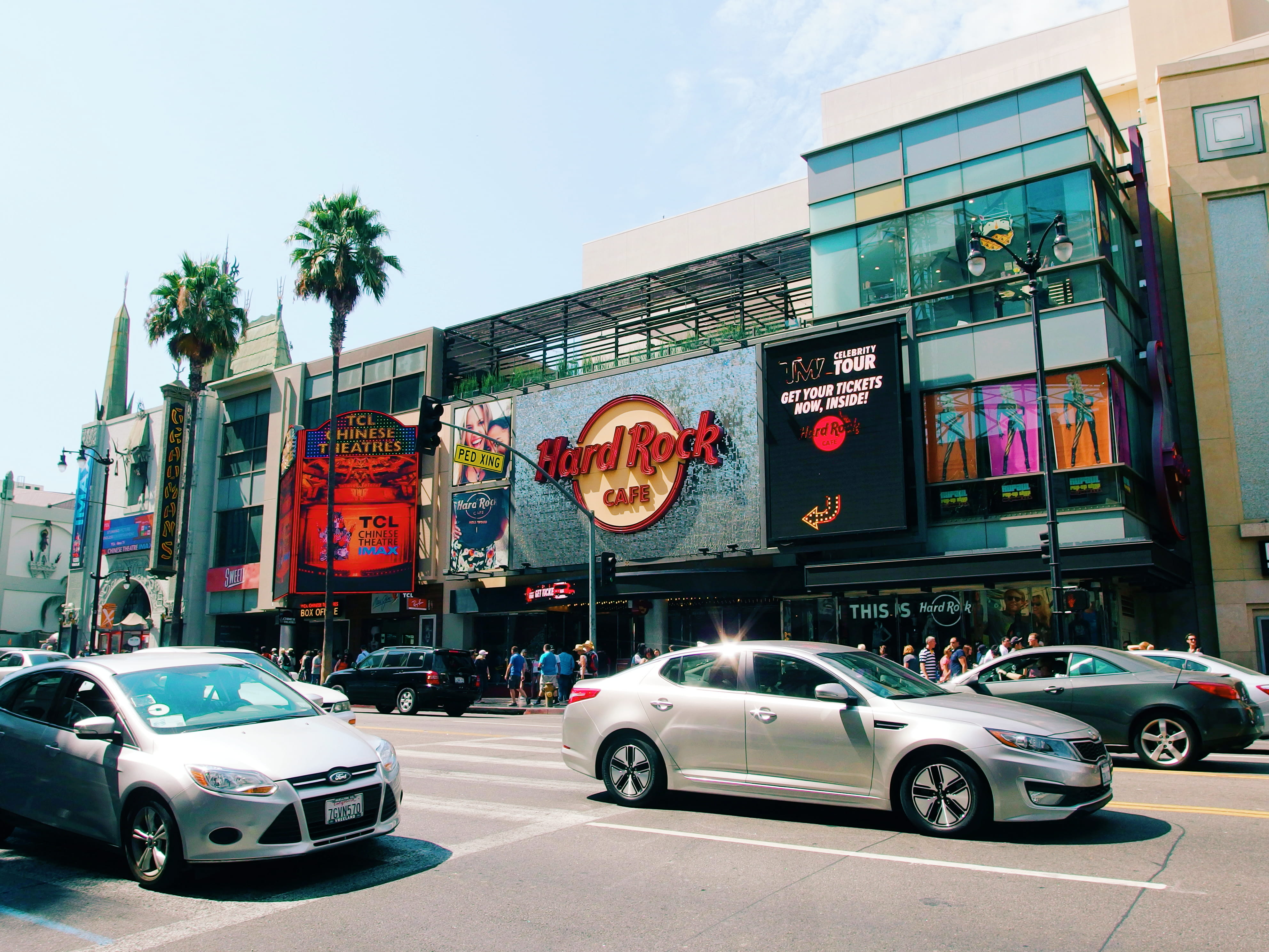 transportation, built structure, nature, architecture, car, street, outdoors, palmtree, hard rock cafe, hollywood, sign, los angeles, 4K, city, land vehicle, HD Wallpaper