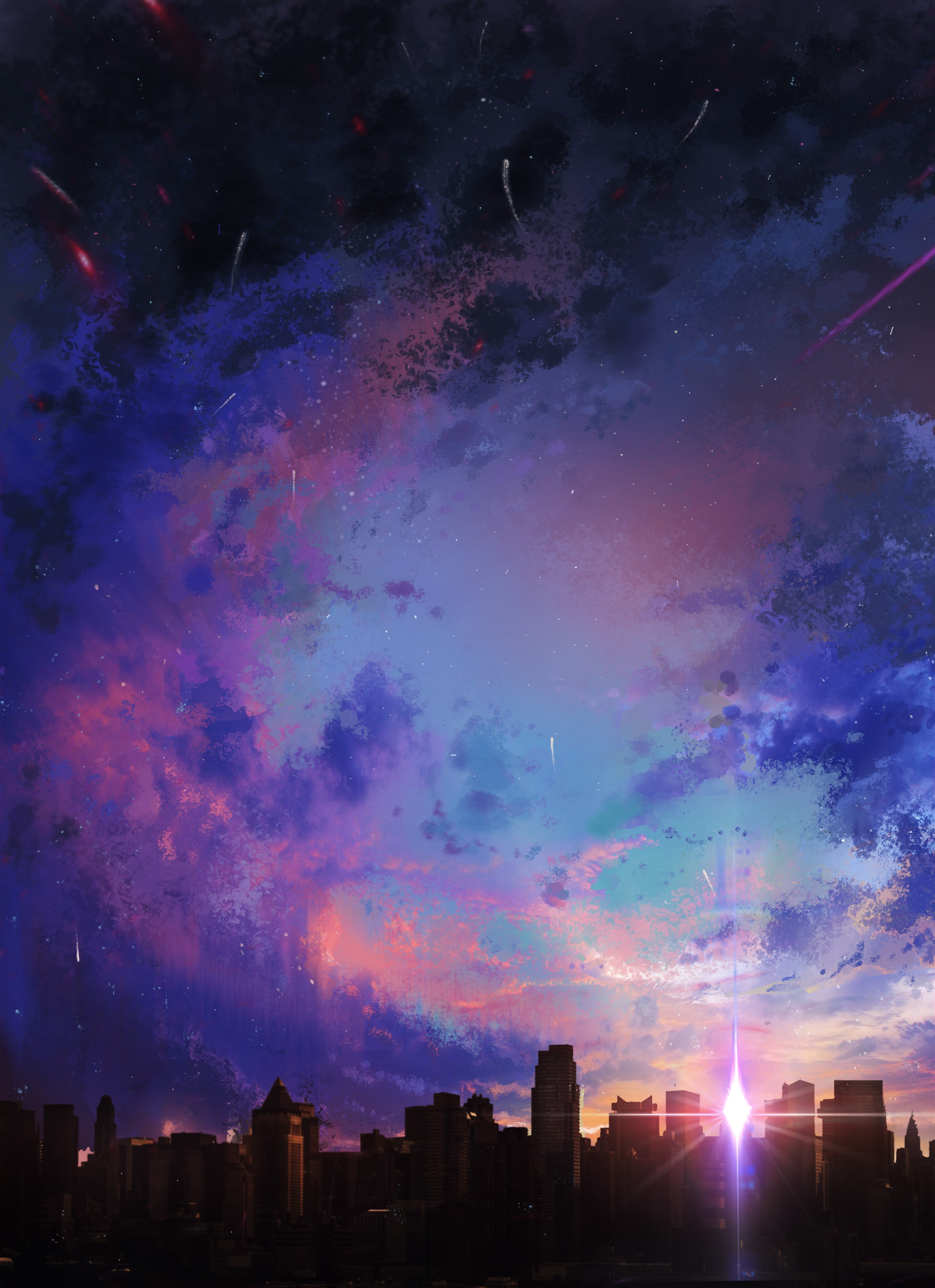 blue, Sun, urban skyline, design, city, office building exterior, cloud - sky, xiaopaopao711, purple, star - space, building, illuminated, outdoors, built structure, Phone HD Wallpaper