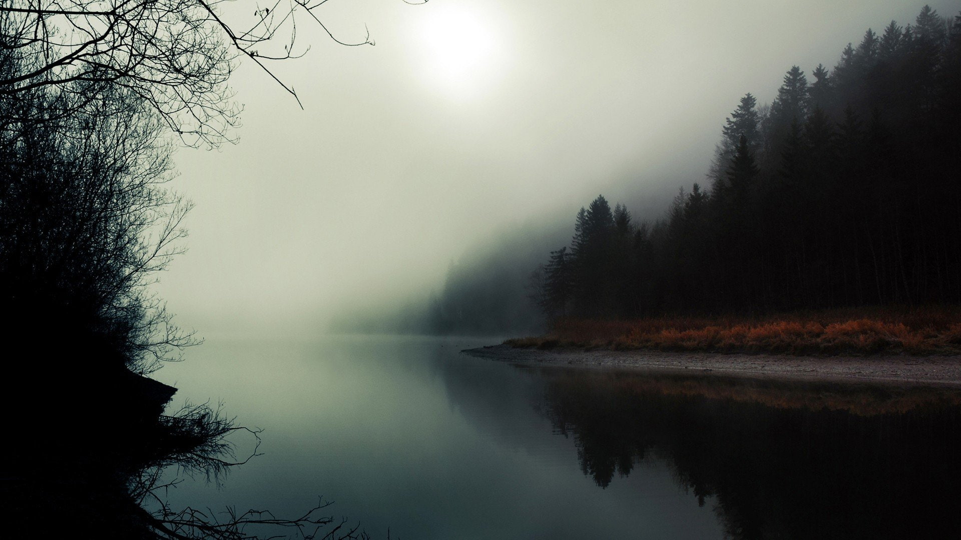 twin, trees, landscapes, 1080P, fog, water, peaks, HD Wallpaper