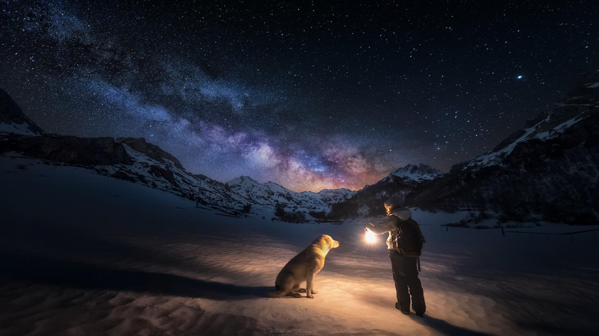 nature, night, warm clothing, leisure activity, pet owner, astronomy, real people, capture, magnificent, domestic animals, cold temperature, sky, star - space, HD Wallpaper