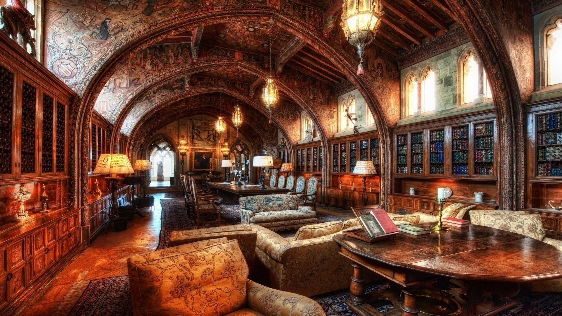 tables, arches, 1080P, library, chairs, nature and landscapes, hdr, lights, magnificent, books, HD Wallpaper