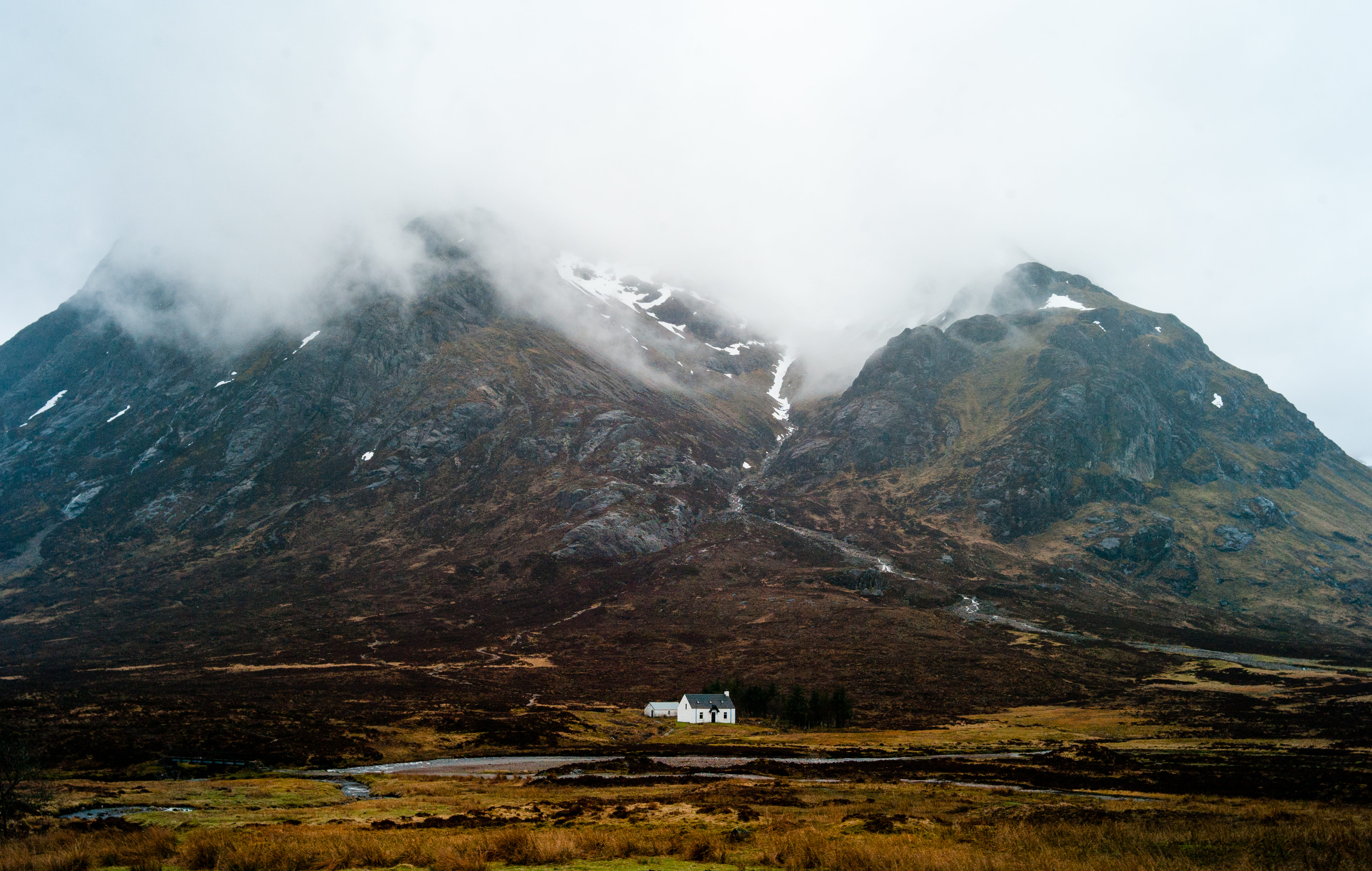 cottage, smoke, covered, cold temperature, daytime, home, brown, ridge, non-urban scene, outdoors, beauty in nature, mountains, day, water, white, nature, HD Wallpaper