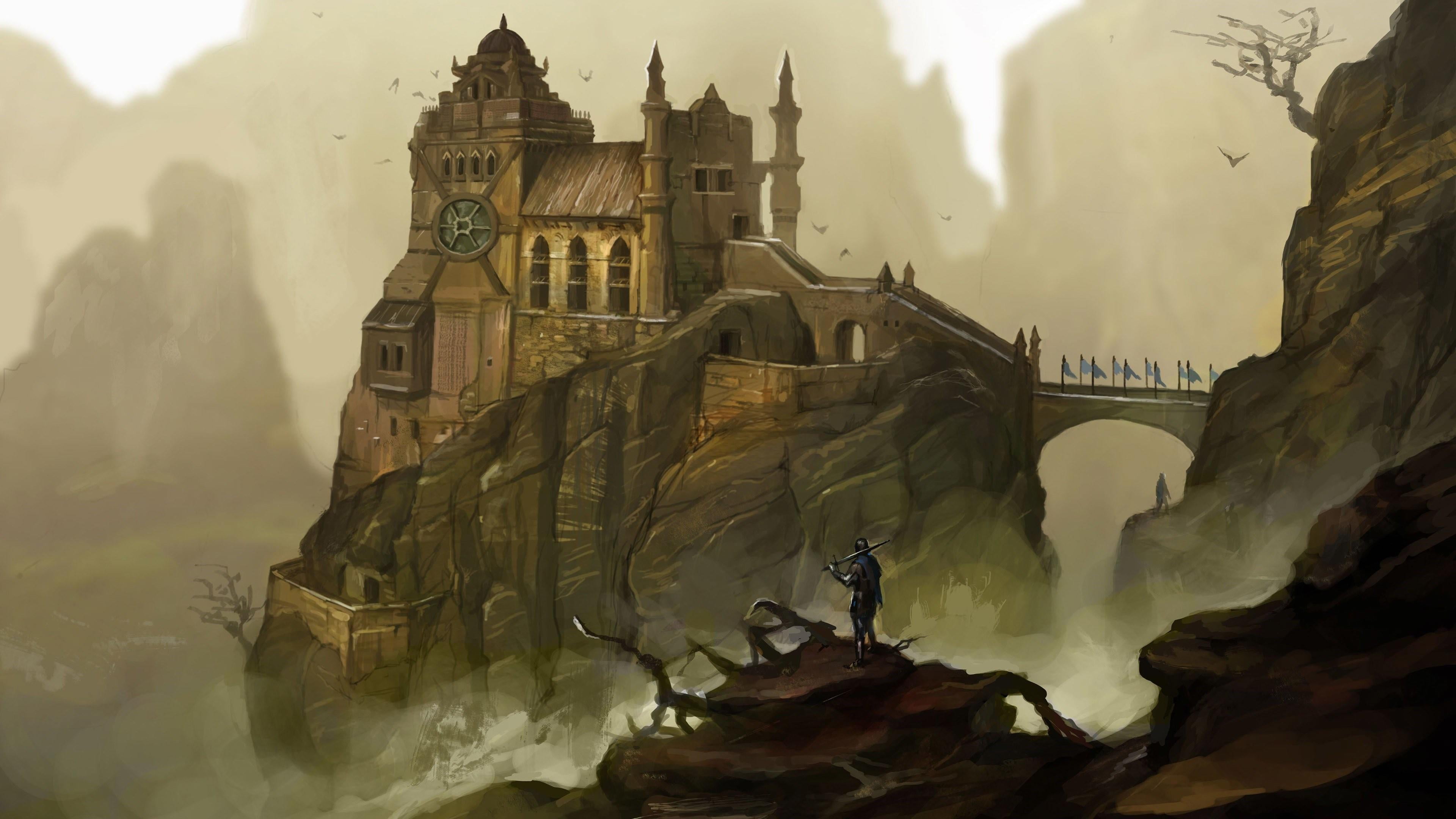 architecture, mountain, fantasy art, castle, water, religion, spirituality, place of worship, building exterior, warrior, 4K, travel destinations, hillside, HD Wallpaper