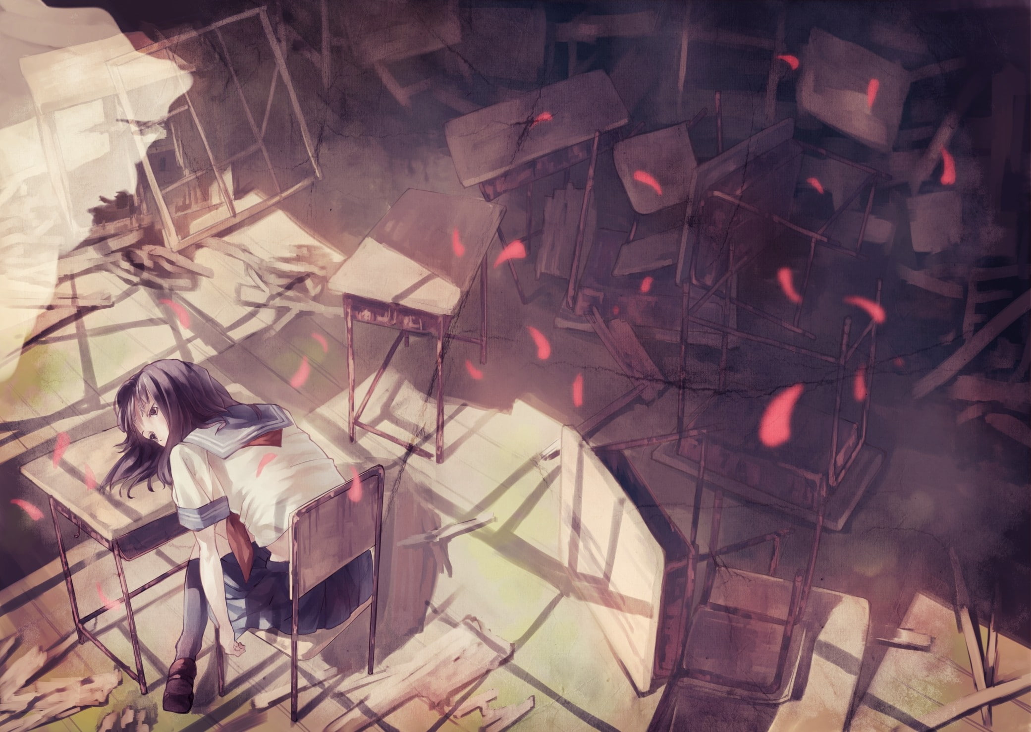 girls, 1080P, classroom, messy, anime, anime girls, HD Wallpaper