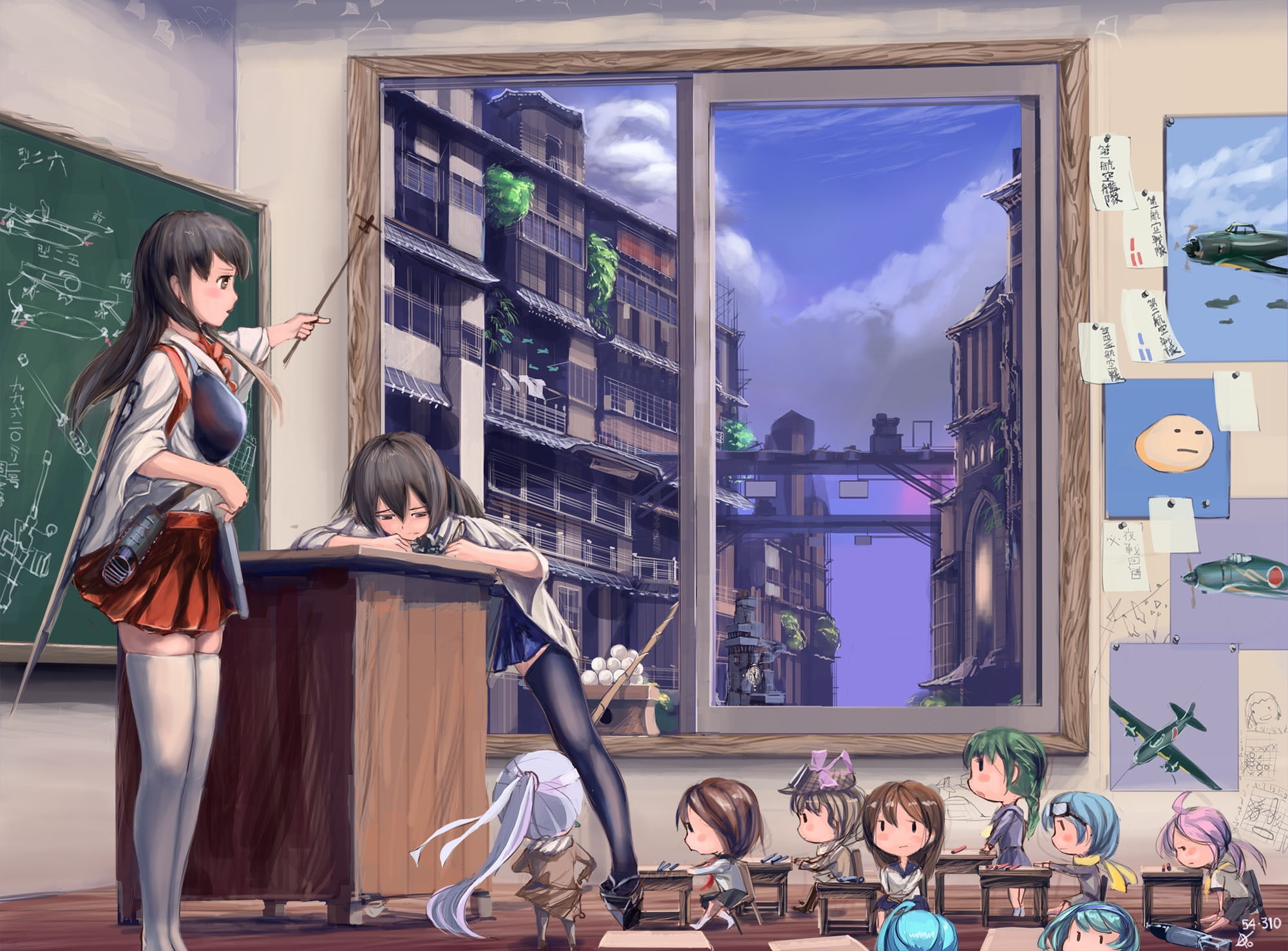 2000x1478, akagi, classroom, kancolle, character, kaga, 1080P, anime, female, anime girls, girls, children, HD Wallpaper