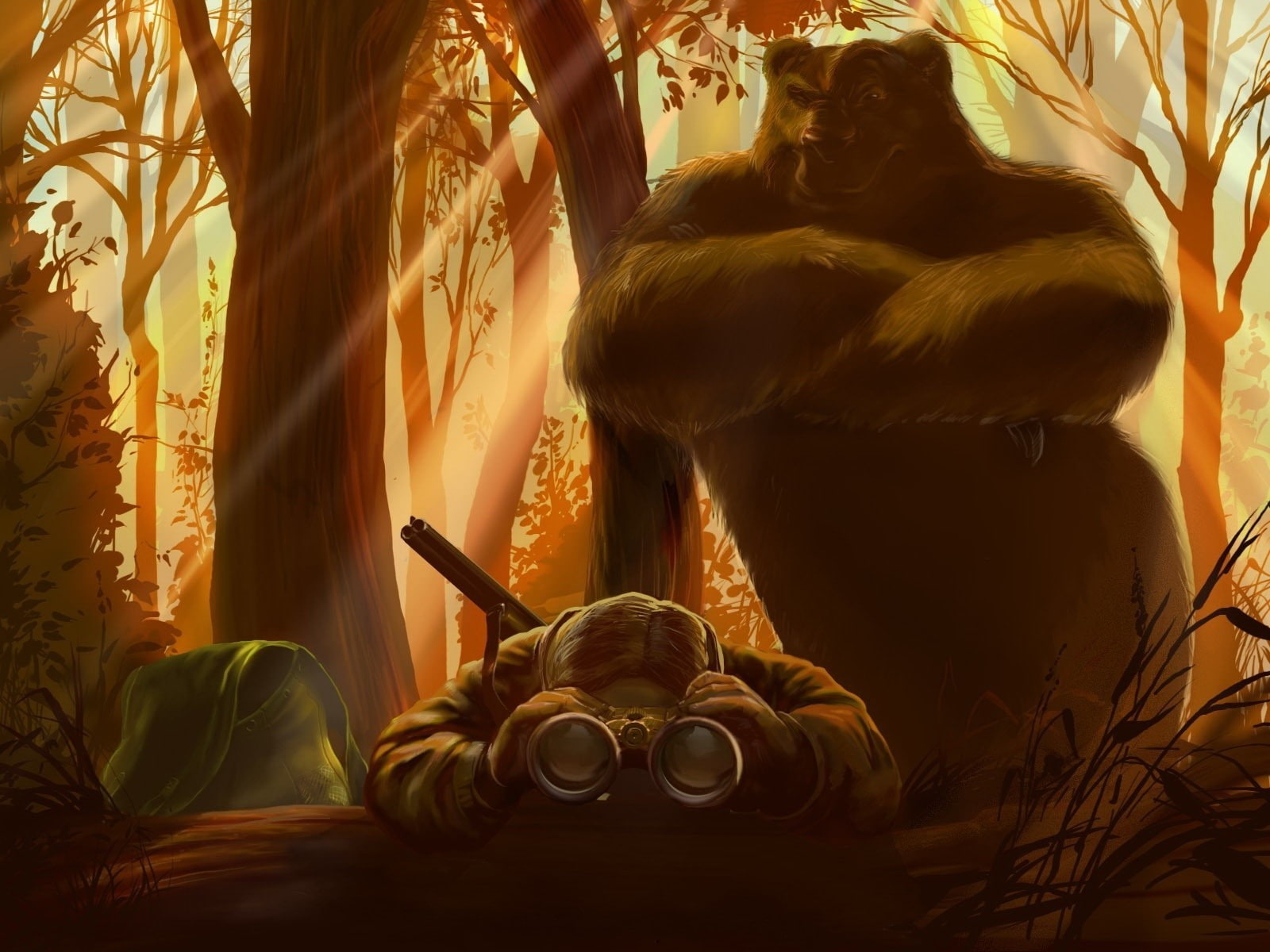 animals, 720P, Hunter, Sun Rays, men, digital art, Binoculars, nature, forest, humor, bears, landscape, Trees, Grizzly Bear, HD Wallpaper