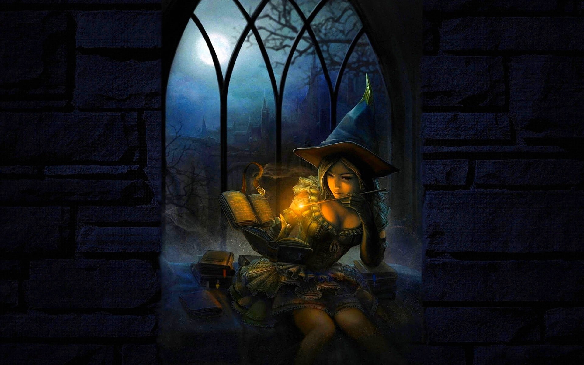 magic, women, fantasy girl, belief, witch, illuminated, place of worship, spirituality, no people, wall - building feature, reading, statue, religion, brick, HD Wallpaper