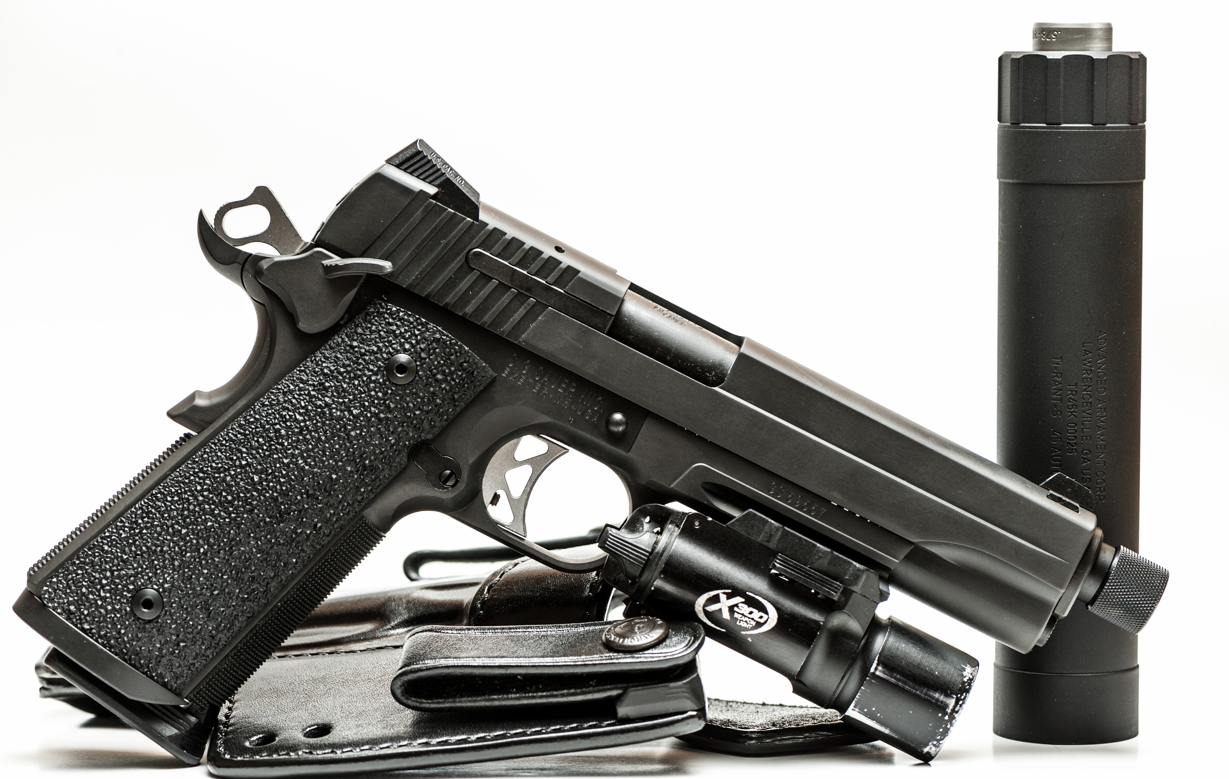 sign, gun, studio shot, still life, SIG Sauer P226, close-up, white background, Germany, indoors, handgun, social issues, publication, silencer, weapon, HD Wallpaper