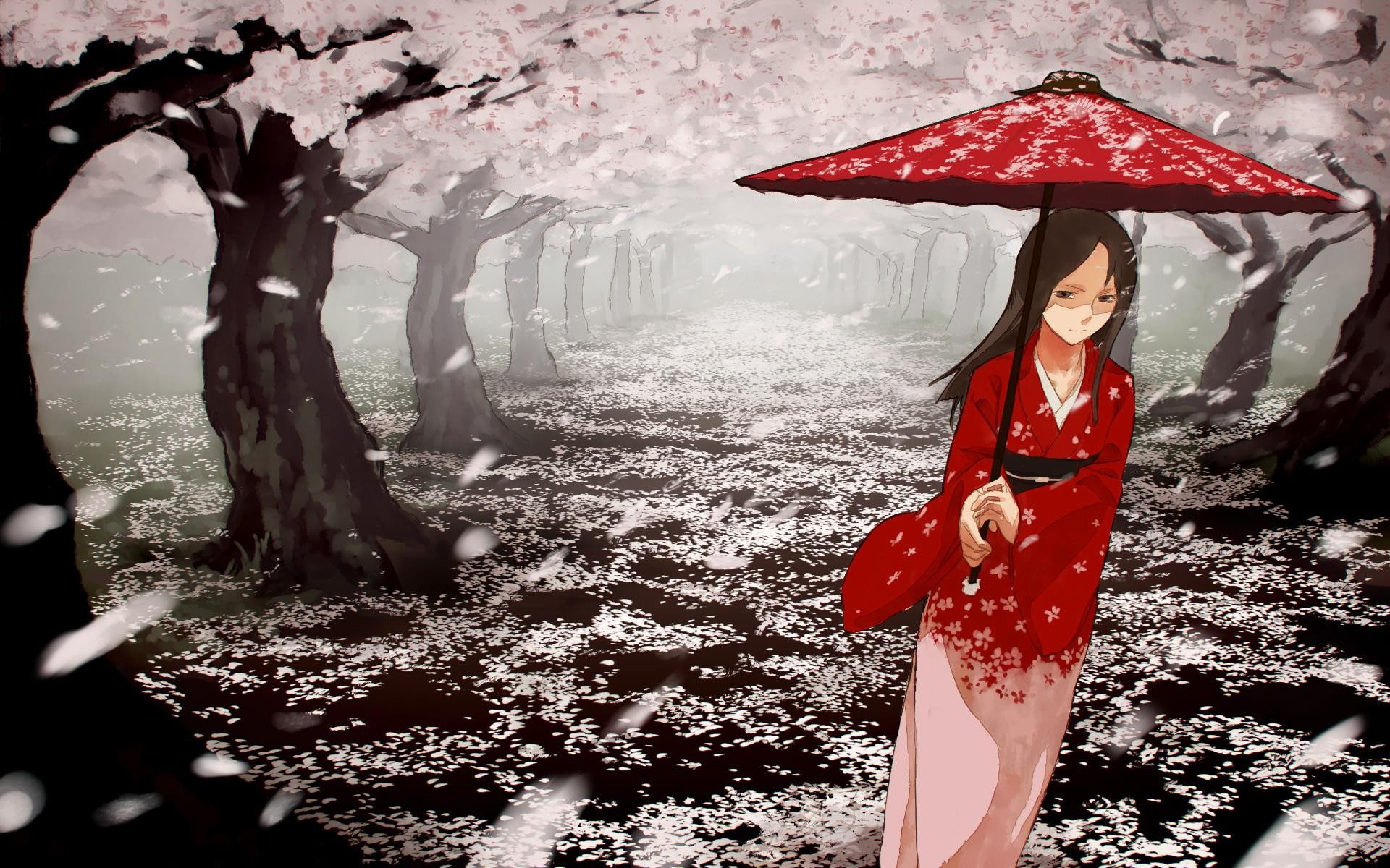 anime, cherry blossom, anime girls, characters, original, cherry, kimono, 1080P, original characters, girls, blossom, HD Wallpaper