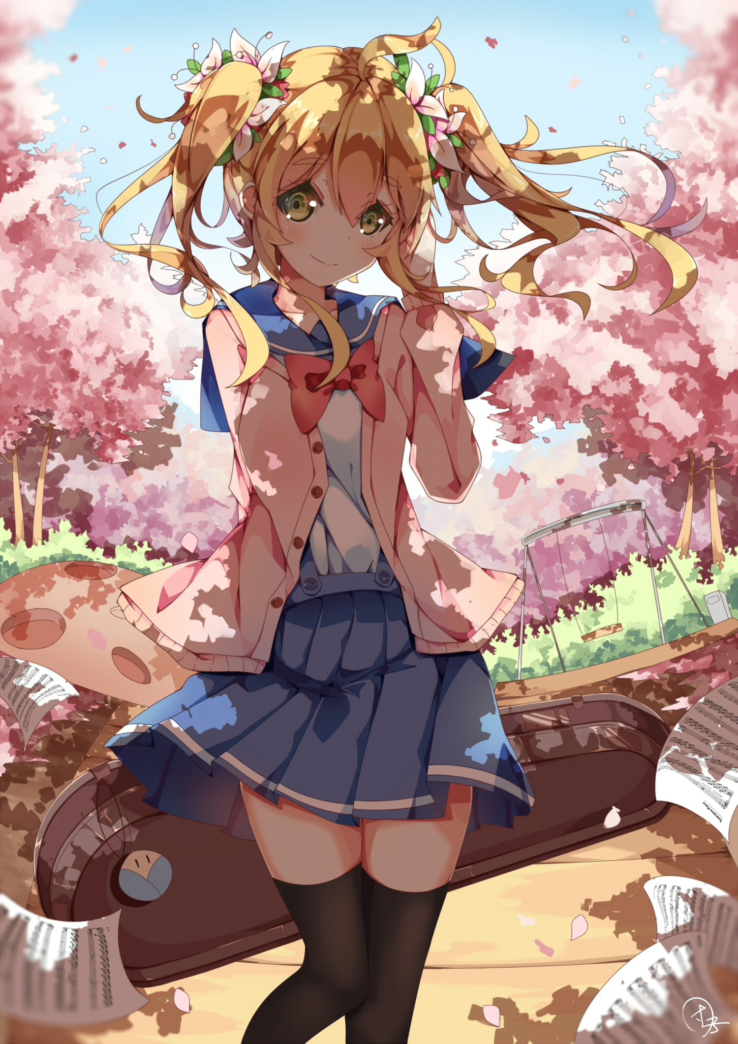 uniform, anime, 1080P, haired, cherry blossom, female, school, cherry, school uniform, girls, anime girls, yellow, character, blossom, Phone HD Wallpaper