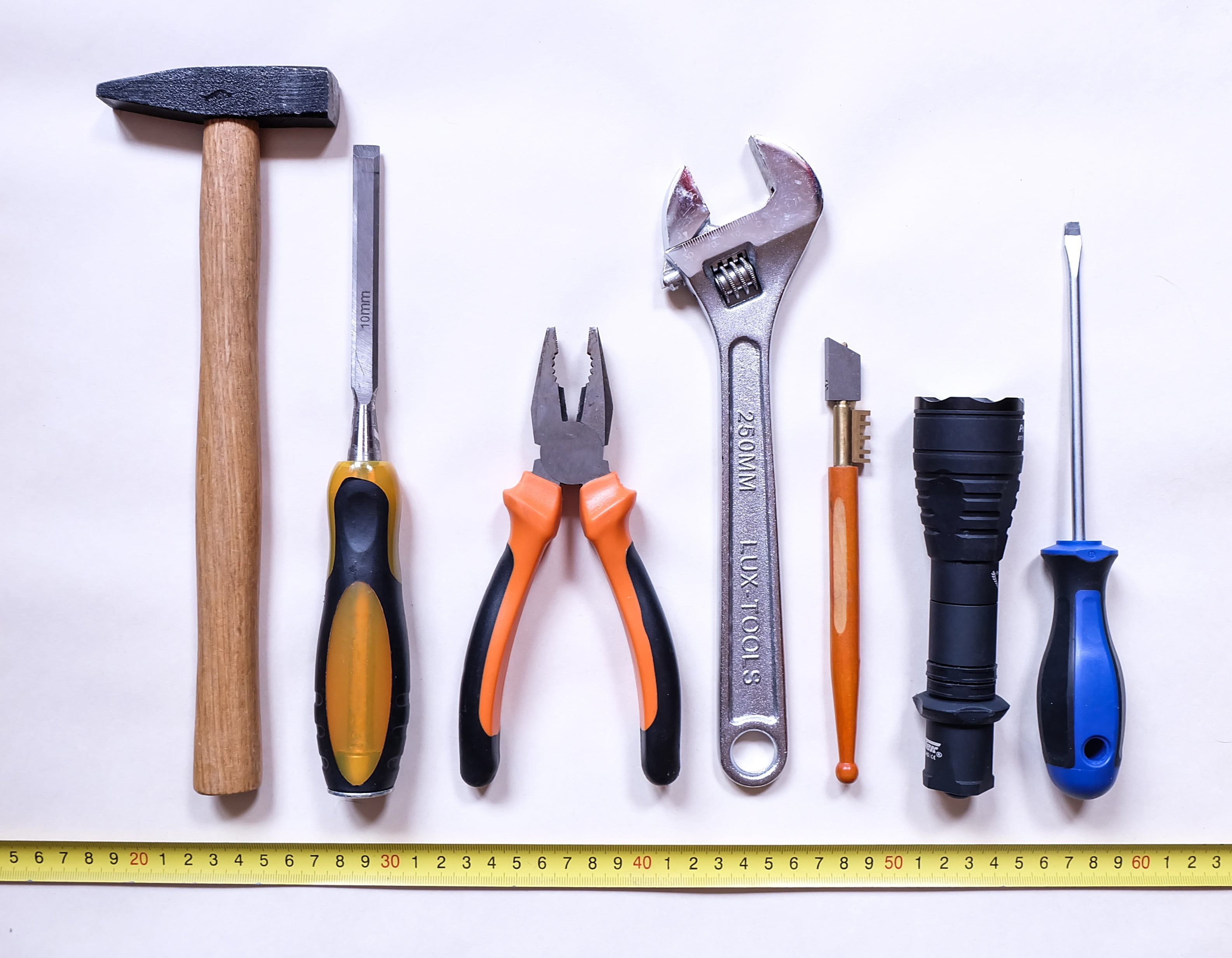 equipment, tool, serrated, hammer, tape, seven, work, variation, chisel, studio shot, wrench, within, flashlight, measure, in a row, group of objects, directly above, HD Wallpaper