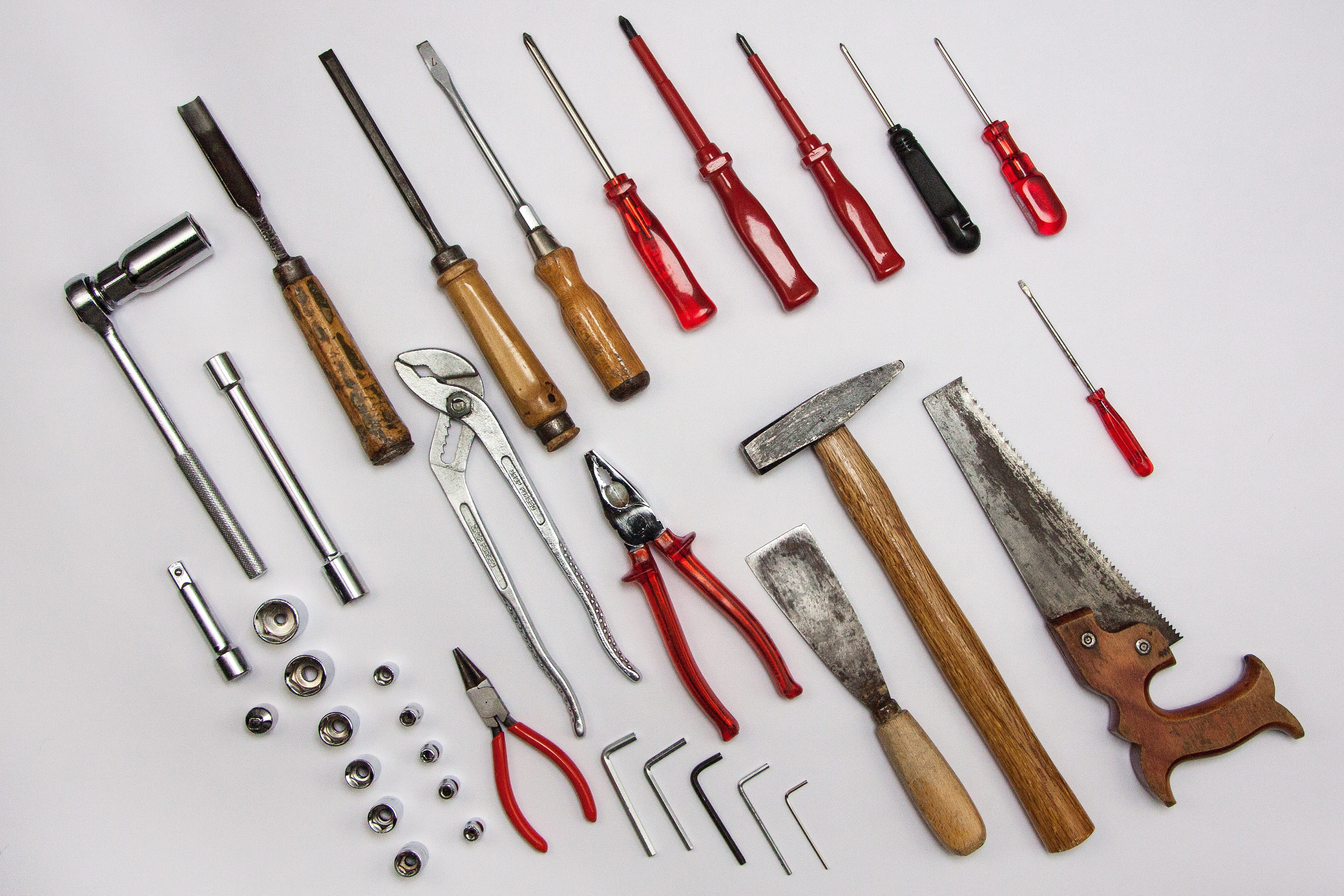metal, devices, hand tool, assorted, construction Industry, saw, hand held, spatula, studio shot, close-up, equipment, set, lot, cross wrench, home Improvement, HD Wallpaper