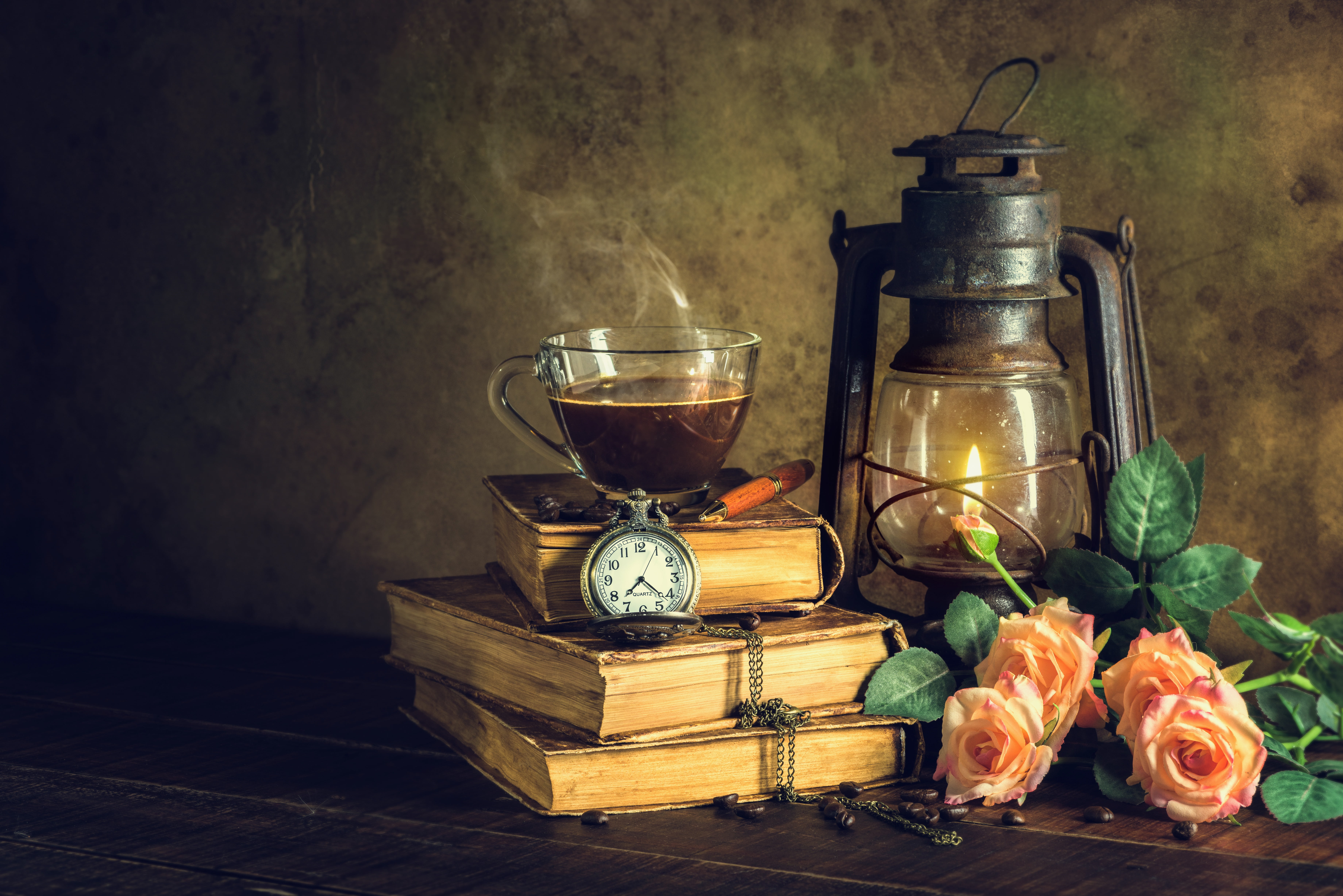 Photography, Rose, 5K, Still Life, Book, Tea, Pocket Watch, Lantern, HD Wallpaper